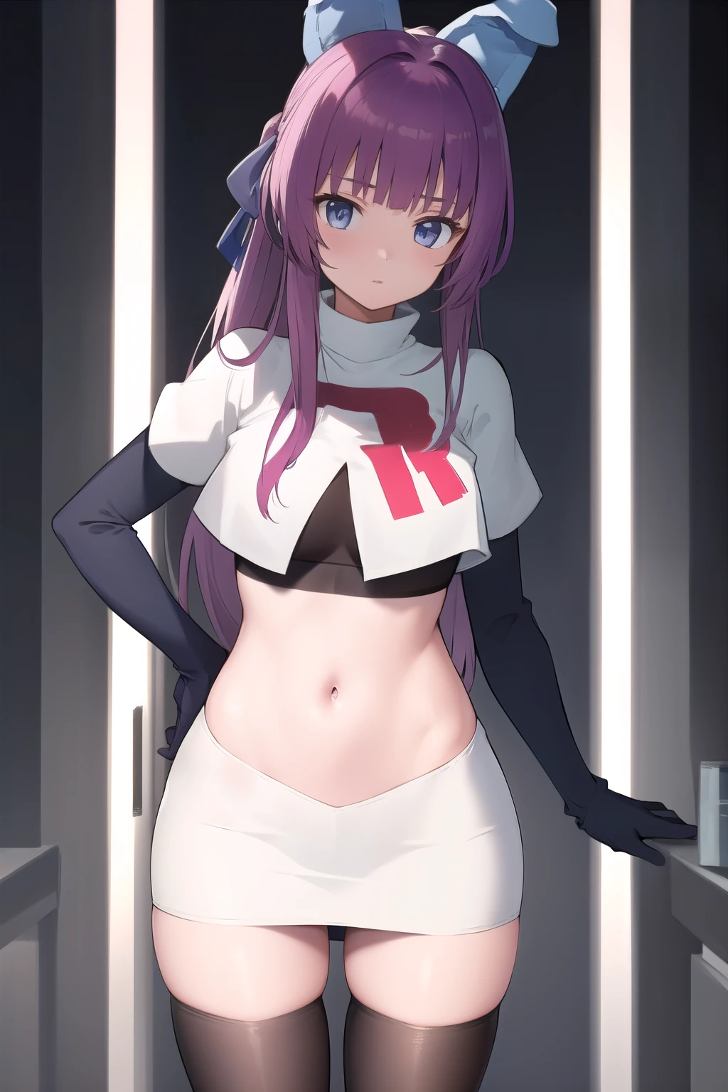 (masterpiece, best quality:1.2),illustration,8k,hd,1girl,solo,purple_hair,blue_eyes,very_long_hair,animal_ears,bangs,fake_animal_ears,ribbon,hair_ribbon,hair_ornament,ponytail,team rocket,team rocket uniform,white skirt,red letter R,crop top,black thigh-highs,black elbow gloves