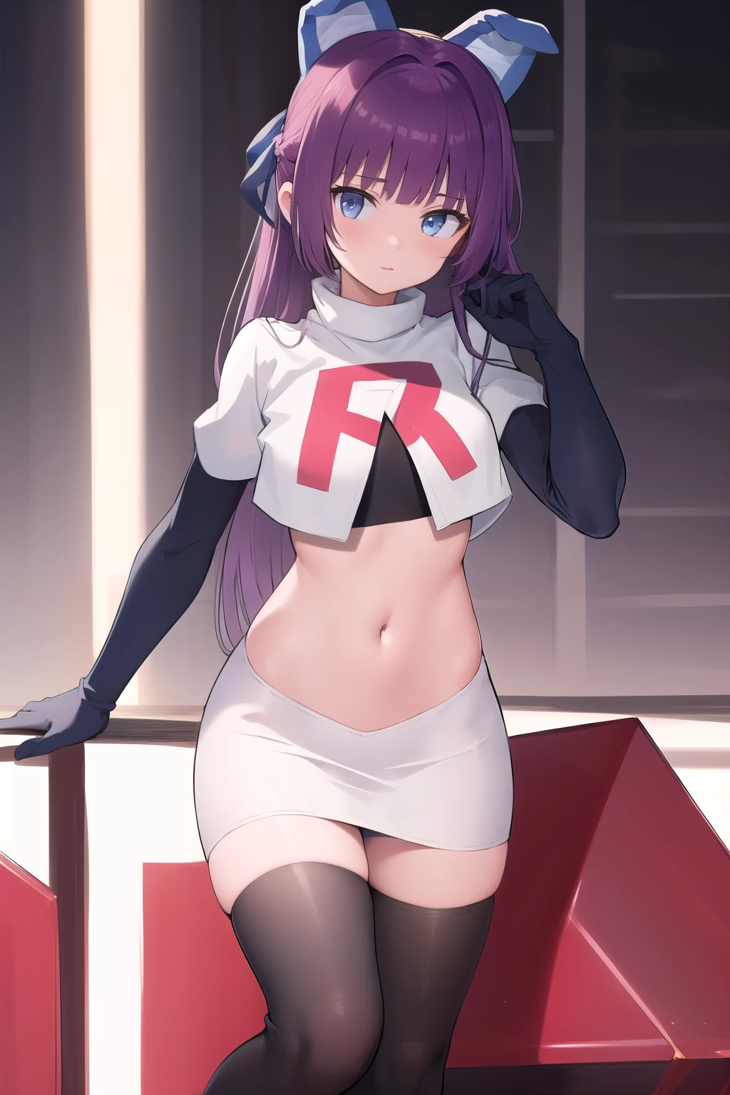 (masterpiece, best quality:1.2),illustration,8k,hd,1girl,solo,purple_hair,blue_eyes,very_long_hair,animal_ears,bangs,fake_animal_ears,ribbon,hair_ribbon,hair_ornament,ponytail,team rocket,team rocket uniform,white skirt,red letter R,crop top,black thigh-highs,black elbow gloves