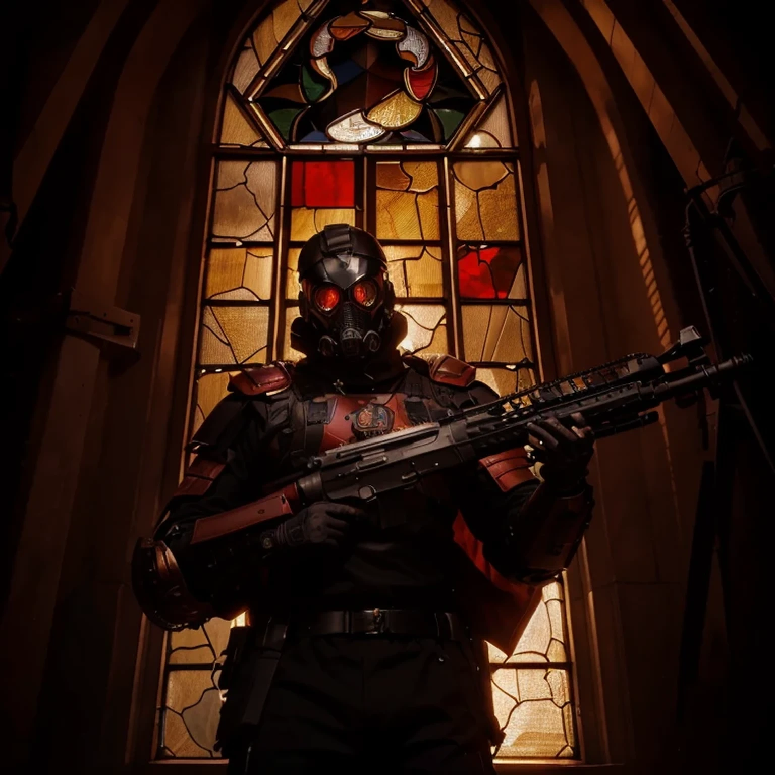 male soldier, ultra modern cybernetic heavy armor in black with red details, metal shoulder pads, metal wrist guards, ultra modern gas mask with four red eyes, red cape, he carries a large assault rifle, he is in a cathedral, stained glass window red, symbol of the tail of a scorpion, image in red tones, 4k, ultra detailed image, realistic, very detailed, perfect composition, splendid, intricately detailed, incredibly detailed, art photography 8k, hyper detailed, Masterpiece, ultra detailed, hyper realistic, 4k, ultra detailed image, realistic, highly detailed, perfect composition, splendid, intricately detailed, incredibly detailed, Artistic photography in 8k, hyper detailed