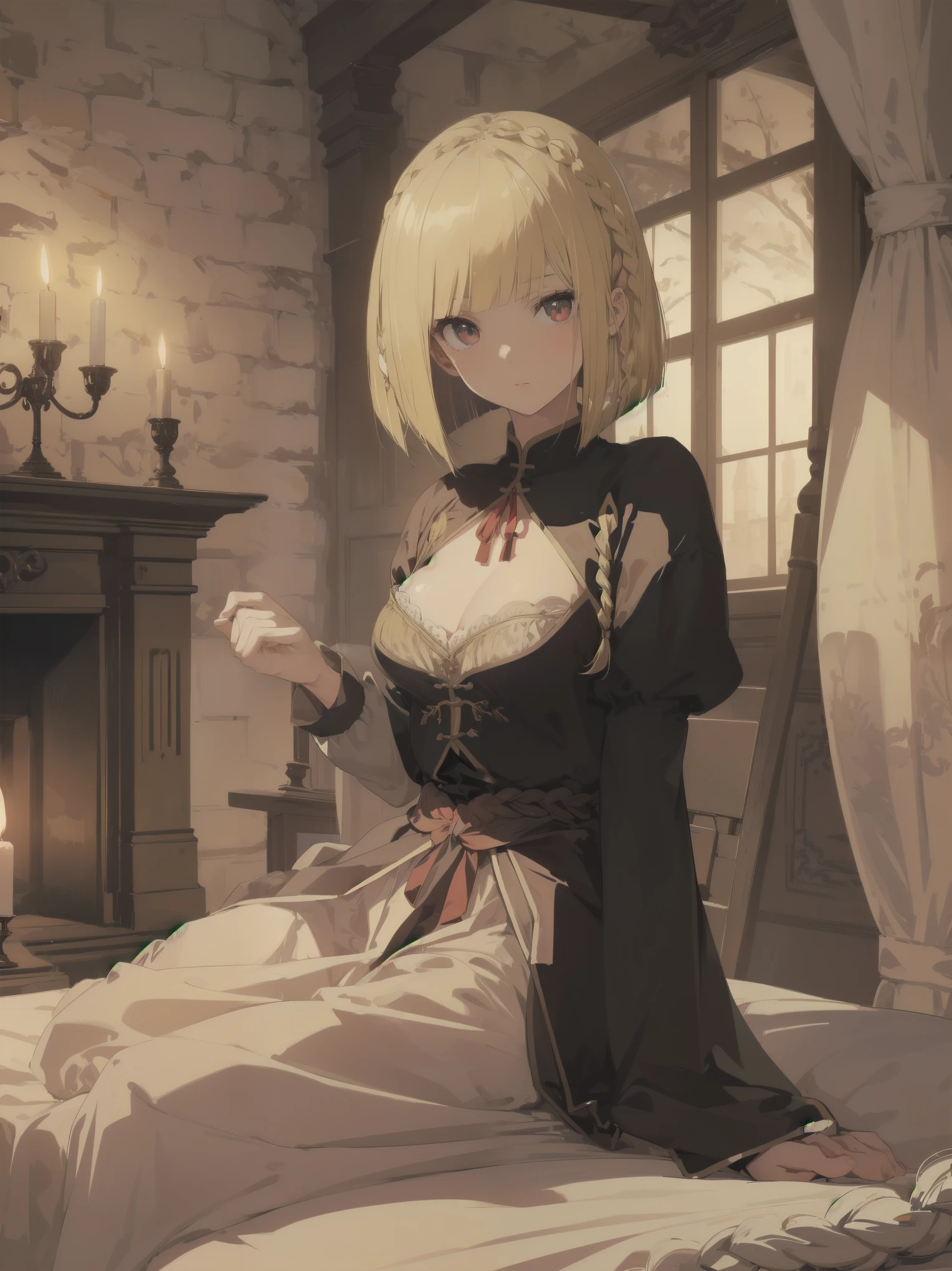 (masterpiece, top quality), (absurd resolution), (8K), (detailed beautiful face and eyes), (detailed illustrations), (super fine illustrations), (vivid colors), (professional lighting), nice hands, perfect hands, BREAK cinematic angle, Dutch angle, (close-up, medieval European, sitting bed: 1.3), BREAK (Dragon Quest style), 1 girl, solo, (blonde one length bob cut braided: 1.6), red eyes, china like skin, shiny hair, (big eyes: 1.2), BREAK expression, neckline ribbon: 1.4), lesaxi-length long sleeve, linen, beige negligee, BREAK (night: 1.3), indoor, ( Stockholm, 1920 Europe), (old western room, canopy bed, furniture, fireplace, candleagnificent view), (cinematic shadows, cinematic lighting), (blurred background),
