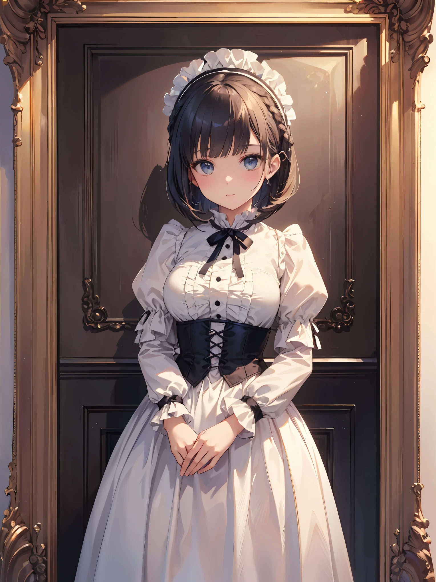 (highest quality、16K、masterpiece、ultra high resolution、Victorian era、Photoreal:1.2)、cowboy shot、One length bob cut braided hair clip with front drop、big ribbon、brand uniform　cute、clear、 Tsundere、heroine attributes、artistic shadow
