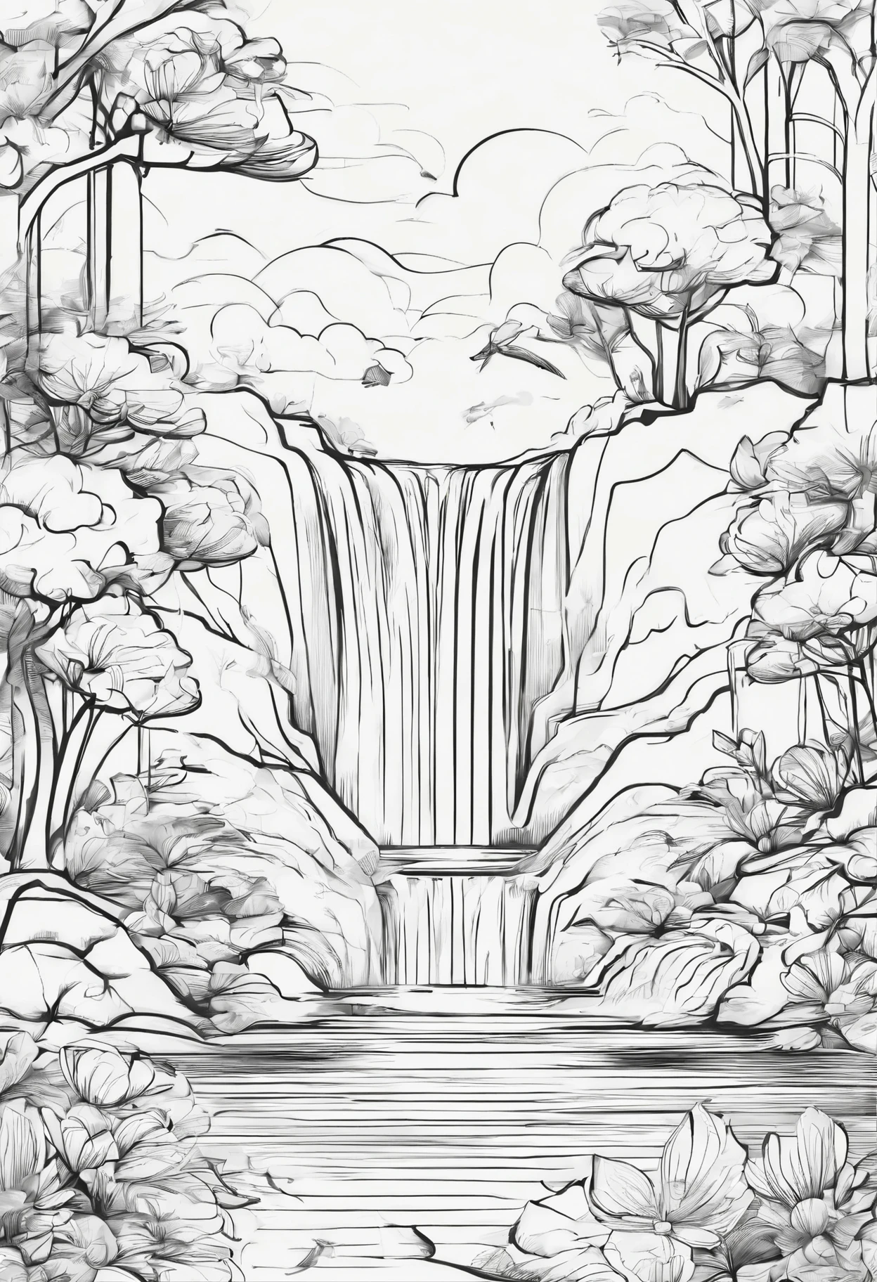 cascade d'eau qui se transforme en papillons, pas d'ombre