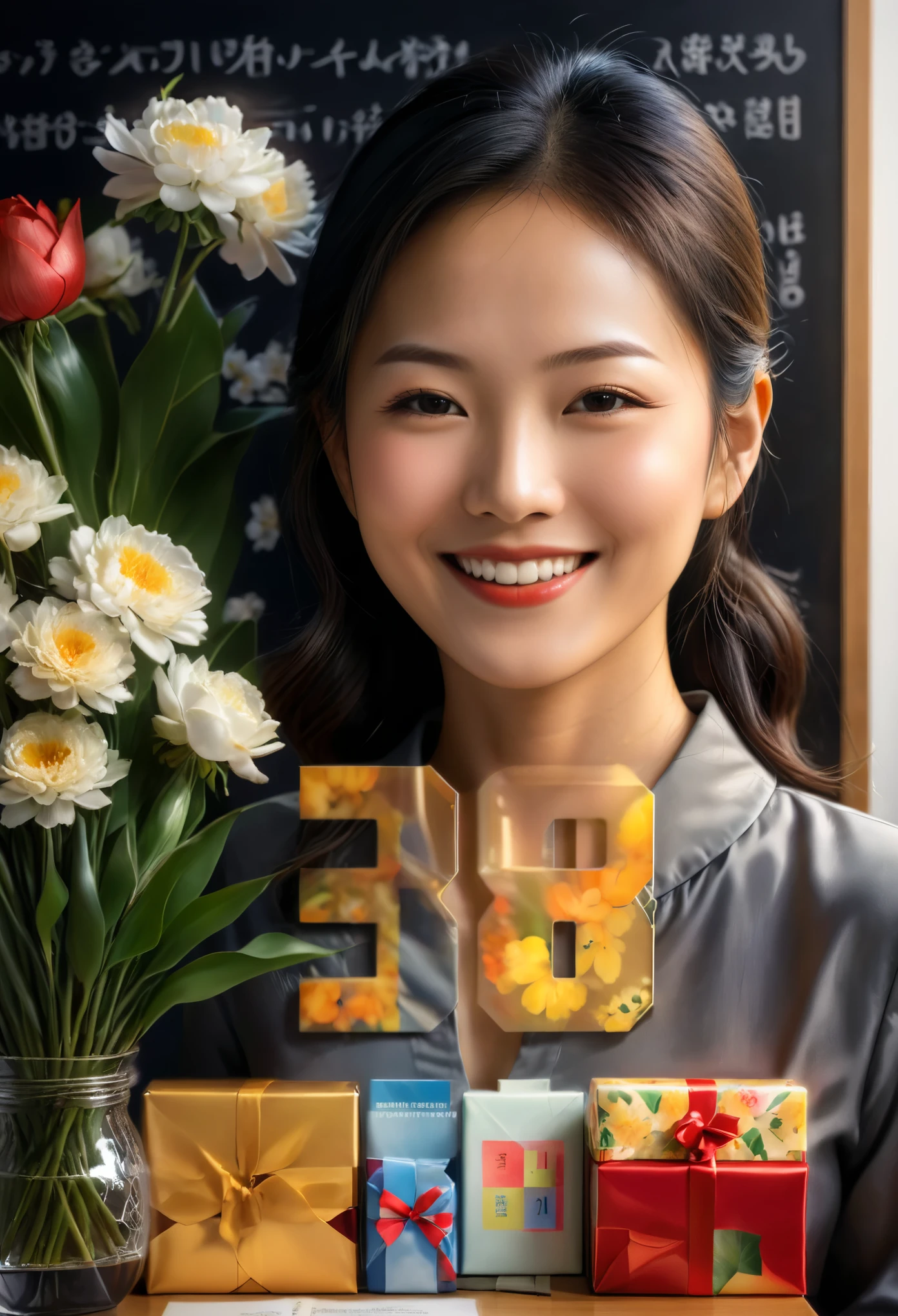 (number art,Realistic,Lifelike)，1 smiling oriental female teacher in the classroom,flowers and gifts,(Chiaroscuro,Ray Tracing)