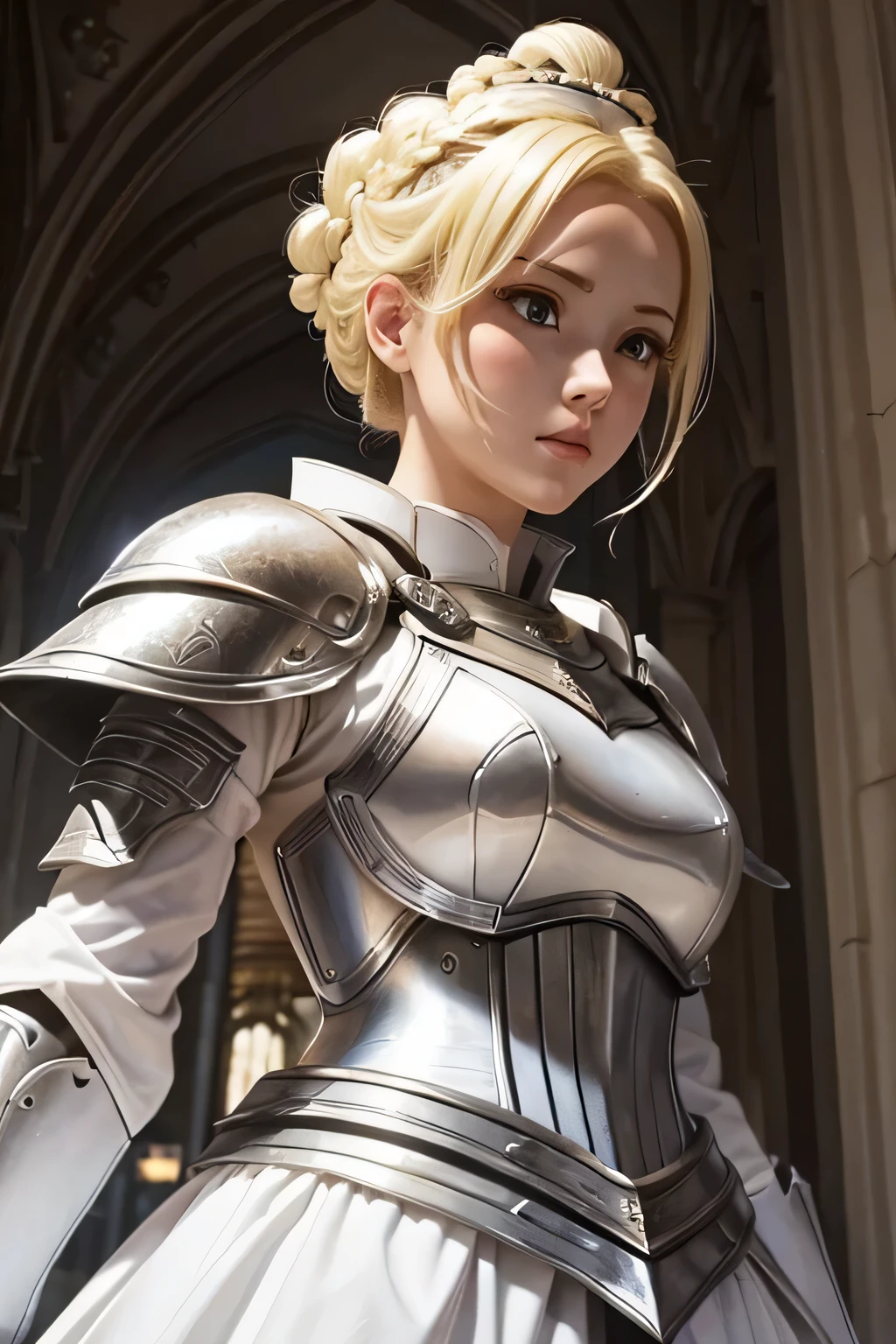 sword of light、white armor、beautiful female holy knight、(((blonde updo)))、((whole body))、(((photo taken from below)))、city