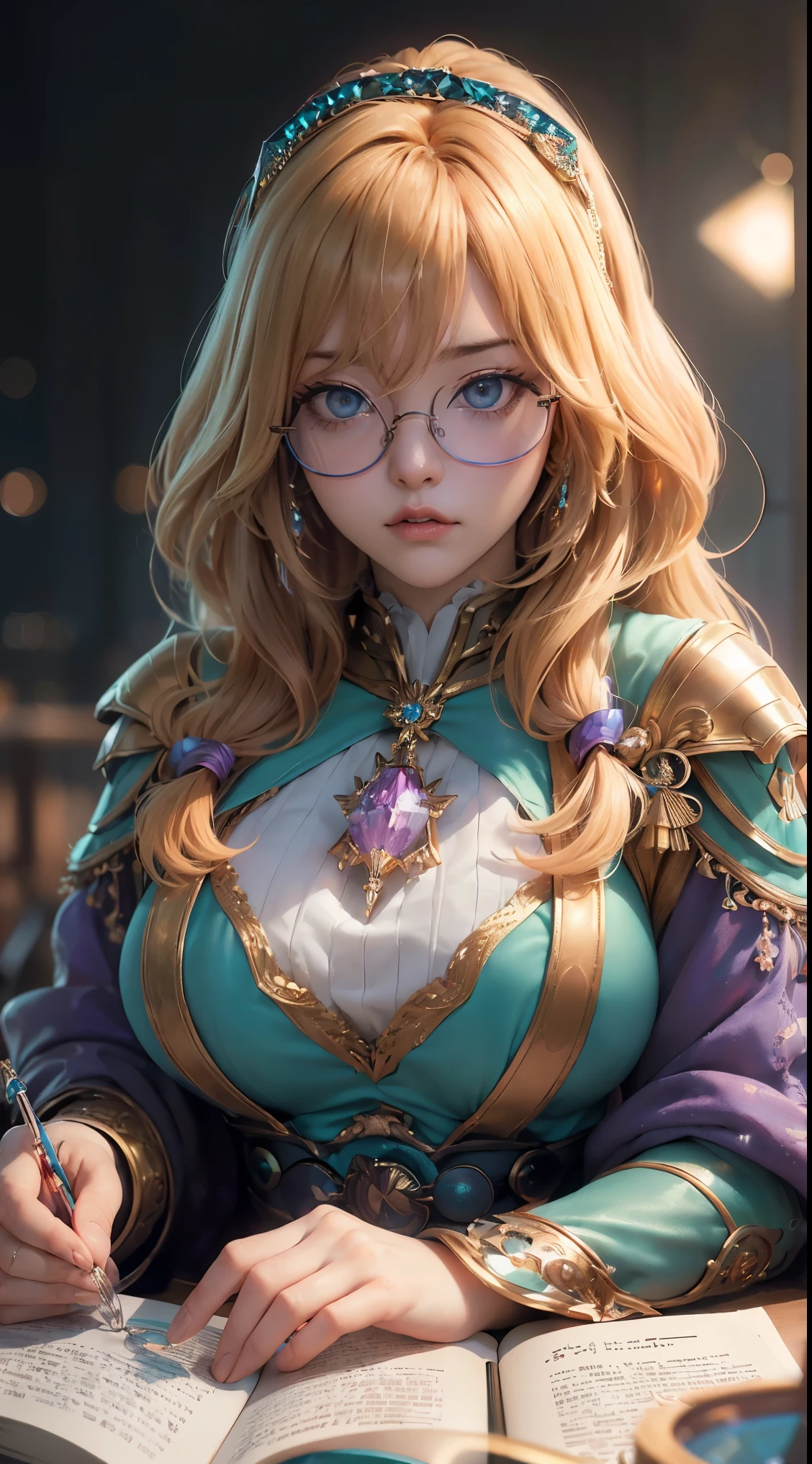 Fine、(The best illustrations)、8k UHD resolution、intricate-detail、top-quality、realisitic、ultra-detailliert、The best lighting、Best Shadows、Soft lighting、Ulutra HD、Ultra-realistic、Tindall Effect、Photorealsitic、(High Detail Skins:1.2)、 (Intricate details, makeup, pureerosface_v1:0.5), (Detailed beautiful delicate face, Detailed beautiful delicate eyes, A perfectly proportioned face, High detailed skin, Detailed skin, best ratio four finger and one thumb, arms below breasts, Tattoo with a red glow under the stomach、Awesome awesome, wide hips, smooth midriff, skiny and thin, __Fashion__, __hair__:1.25)、Digital SLR、 absurd realistic work: 1.3), (max resolution: 1.2), (Ultra HDTV: 1.2), cinematric light, Detailed eyes and skin, detailed facial features, , (Sharp Focus: 1.2), (Focus on Face:1.2),Perfect Style, Beautiful face, acurate, Anatomically correct, Highly detailed face and skin texture, Detailed eyes, Double eyelids, Thin eyebrows, Glitter Eyeliner: 1 Natural cheeks, Glossy skin, Fair skin: 1.2, (Glossy lips: 1.4),(Shy look: 1.2),Highly detailed facial and skin texture, Detailed eyes, Double eyelids, Natural cheeks, shiny lips: 1.4,Exposed cleavage、Bewitching。a 、Seductive、Chest emphasis、((((Huge glasses, Otaku Glasses, thick glasses, Round glasses)))),The long-haired、Braid hair、Ponytail distortion、, Ponytail with a bow tied at the back of the hair, huge solemn expression、Body Up、Big breasts emphasis, Super tight breasts, Breast augmentation surgery, The breasts are very big and round and round,Toned waist、 Meet beautiful girls, Look at the girl's body, In the Dark、Bat Wings,(((small demonic horns)))、(Devil's Tail)、(Detailed spooky backgrounds:0.8)、demon girls,wear armor made of skeletons,Long grey hair,Beautiful and delicate skull decoration and fluorescent green magic sword that shines red,emits eerie demonic flames,Contour light,green flash particles,translucent magic sword、 Ancient Chinese style,Night, dramatic compositions, Sword qi surrounding, Goddess of War, (Dynamic Posture: 1.3), Thick armor reveals the heart of the conflict, (Fine detail), radiant light, Powerful light area, (armor of historical importance:1.2),magia、 glittering metal armor, (Magic symbols shine on the armor:1.3), (Magical magic swirled around her:1.3), Long white hair waving in the wind in every detail, Detailed weapon holding, (Sharp sword, Radiant:1.3), ((gold armour)), (intense expression:1.1), (Its light is、Highlighting her dominance and rebirth behind the scenes:1.4), (Wisdom and Rebirth:1.2), (Strong stance:1.2), (Overwhelming mystical power:1.2), (Sparkling sweat:1.1), armor decorated with jewels, (The contrast between silver and gold:1.3)、wear magic armor、Purple Pink Silk Dress, The face of the beautiful goddess Athena without blemish, Sexy light yellow nightgown, long to, A thin nightgown of a saint with lots of exciting black lace details was felt, The legend of the holy goddess, Saint Icon, Elegant glitter beautiful saint style, dark and mysterious version, Holy Female Crown,energy ball between hands、