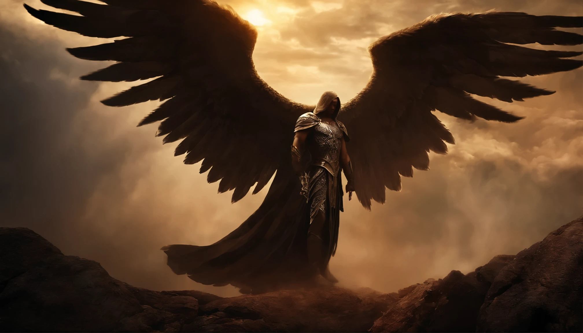 uma imagem de um anjo com uma espada no inferno, Anjo no inferno, arcanjo, anjos vs soldados, angel watching demon, Anjos e Demonios, anjo protegendo o homem, Arcanjo Miguel, O Anjo da Morte, Battle between Anjos e Demonios, anjo super largo, epic angel wings, angels protecting a praying man, necessidade humana anjo da morte. ((imagem epica)), ((alta qualidade))