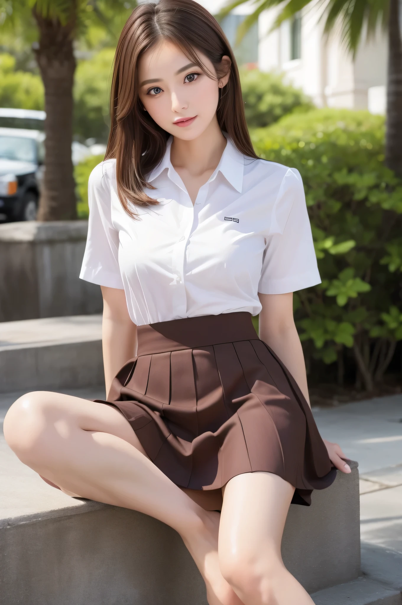 photorealistic,realistic,Hotel、((brown hair))、good hand、8K video、High resolution、masterpiece、highest quality、fine skin、sharp focus、clavicle,detailed face:1.2、beautiful breasts、lustrous eyes、look at the audience、((beautiful and detailed eyes))、Big eyes、美しくdetailed face、perfect and beautiful double eyelids、whole body、barefoot,thin ankles,delicate legs,The woman I want to hold,beautiful hip line,tropical country、checked skirt,school uniform,uniform,open white shirt,beautiful feet,wet skin,tied up woman,holding my legs(knees:1.2),The shirt is completely unbuttoned.