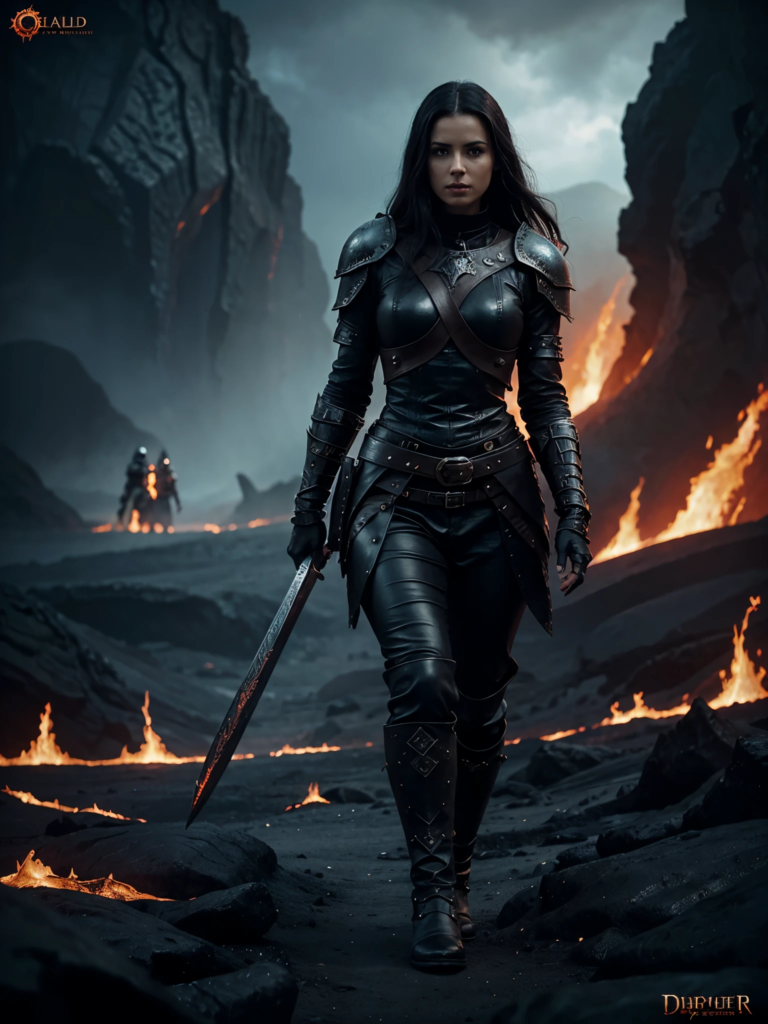 arafed woman in black plunge neck leather outfit walking through a lava field with a large black hell hound by her side, in style of dark fantasy art, epic fantasy digital art style, diablo 4 lilith, epic fantasy art style hd, 4k fantasy art, epic fantasy digital art, epic fantasy character art, a very beautiful berserker woman, of a beautiful female knight, beautiful female warrior, epic fantasy art style