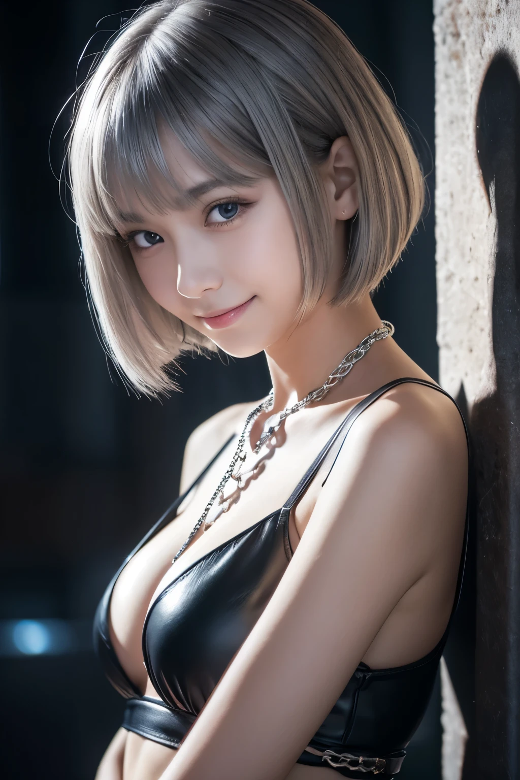 highest quality, 8K, student, Ten generations,のstudent, RAW photo, absurd, bed in a dark prison、award-winning portraits, smile, alone, (night:1.8), idol face, violaces, delicate girl, looking at the viewer, Frank, Sophisticated,thin arms, professional lighting, film grain, chromatic aberration, (Eye and face details:1.0), (Bokeh:1.1) silver hair,, ((flat chest)),restrained with a thin rope、black leather、lots of chains、padlock、、Chastity Belt、bob cut