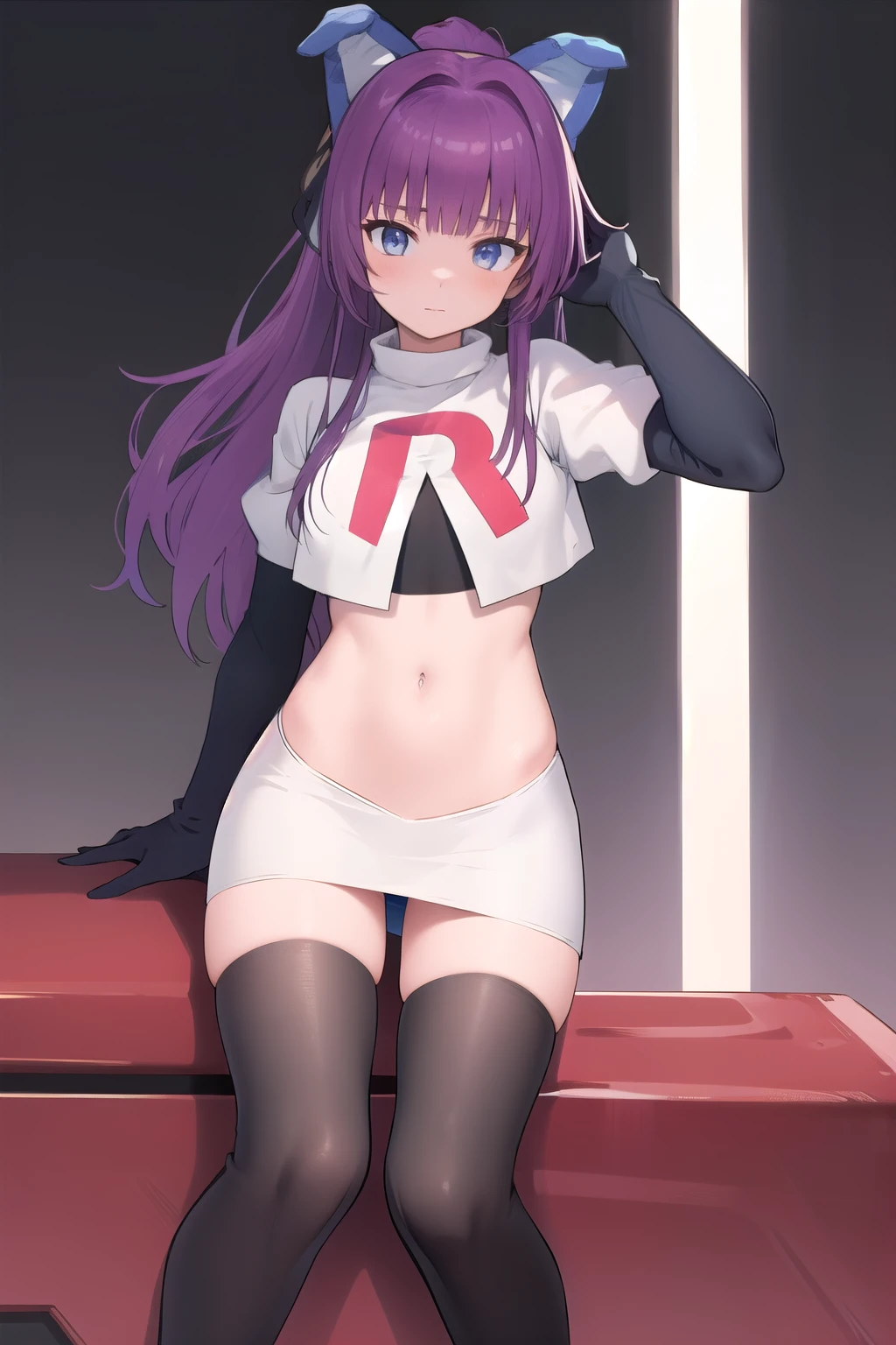 (masterpiece, best quality:1.2),illustration,8k,hd,1girl,solo,purple_hair,blue_eyes,very_long_hair,animal_ears,bangs,fake_animal_ears,ribbon,hair_ribbon,hair_ornament,ponytail,team rocket,team rocket uniform,white skirt,red letter R,crop top,black thigh-highs,black elbow gloves