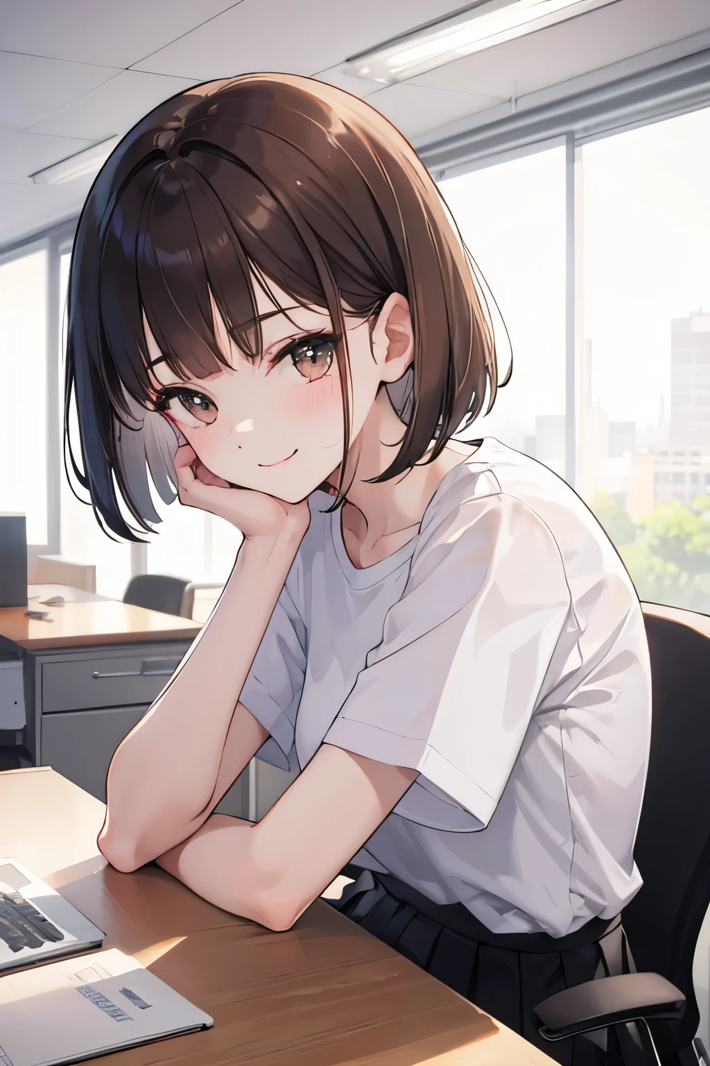 frame in, from right in front of face and body, view straight on, upper body, High quality, very high res, High quality, very high res, cute girl, brown hair, forehead, blunt bangs, bob cut, blush, Brushed up bangs, wearing a plain t-shirt, upright, pleated skirt, work desk, sitting in a work chair, hands on thighs, smile, leaning forward, at office