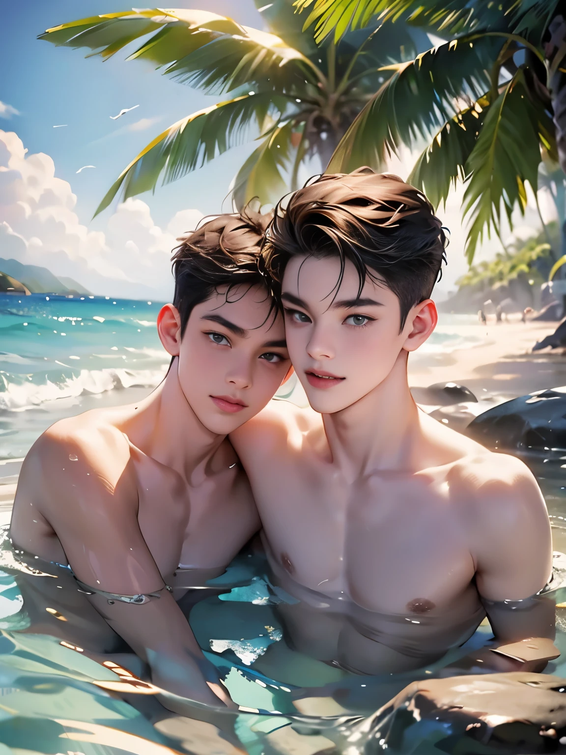 Highest quality portrait of two young guys on the beach knee-deep in water. Two young attractive boys swimming in the sea, completely naked with beautiful strings, beautiful green beach with palm trees and flowers, beautiful , smiling , Friends . Photo portrait of the highest quality !