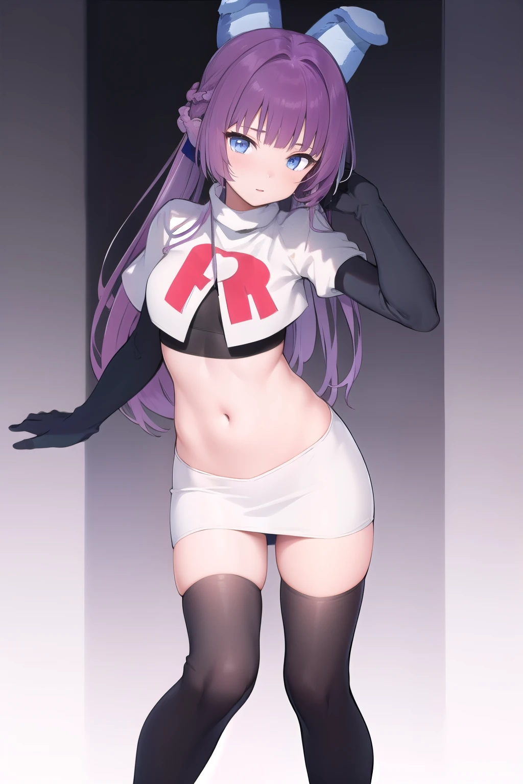 (masterpiece, best quality:1.2),illustration,8k,hd,1girl,solo,purple_hair,blue_eyes,very_long_hair,animal_ears,bangs,fake_animal_ears,ribbon,hair_ribbon,hair_ornament,ponytail,team rocket,team rocket uniform,white skirt,red letter R,crop top,black thigh-highs,black elbow gloves