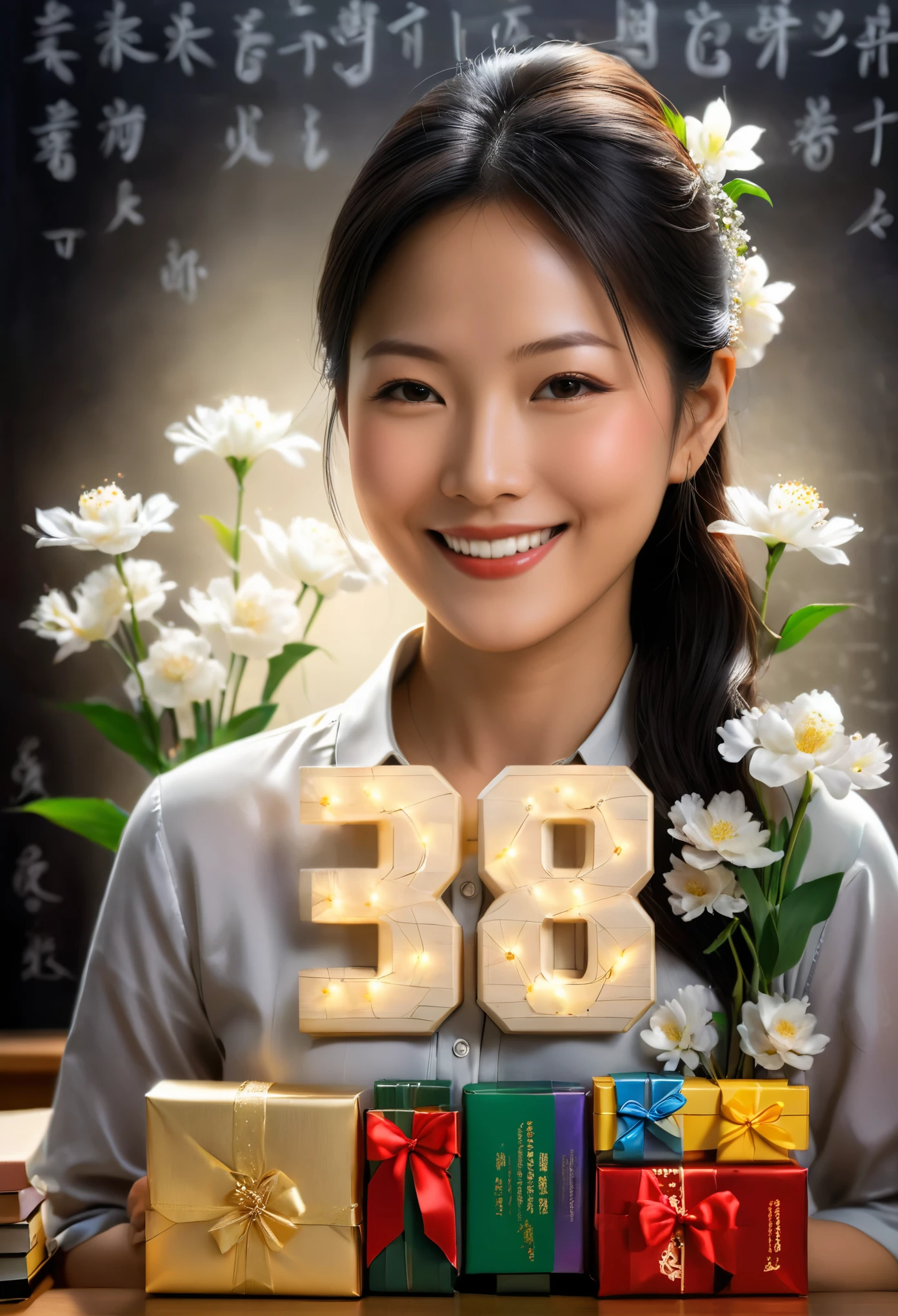 (number art,Realistic,Lifelike),1 smiling oriental female teacher in the classroom,flowers and gifts,(Chiaroscuro,Ray Tracing)