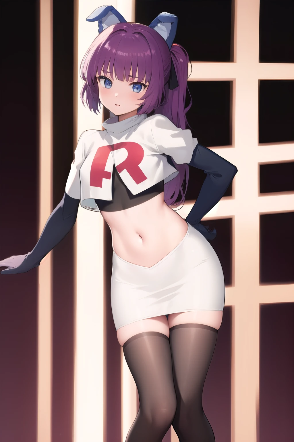 (masterpiece, best quality:1.2),illustration,8k,hd,1girl,solo,purple_hair,blue_eyes,very_long_hair,animal_ears,bangs,fake_animal_ears,ribbon,hair_ribbon,hair_ornament,ponytail,team rocket,team rocket uniform,white skirt,red letter R,crop top,black thigh-highs,black elbow gloves
