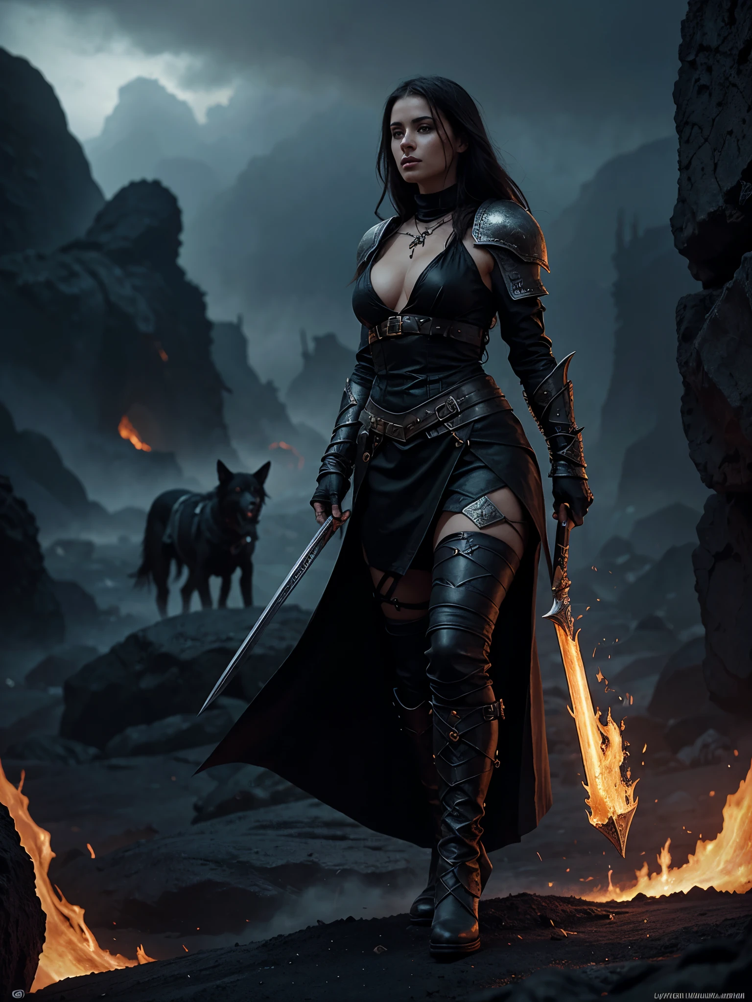 arafed woman in black plunge neck leather outfit walking through a lava field with a black hell hound by her side, in style of dark fantasy art, epic fantasy digital art style, diablo 4 lilith, epic fantasy art style hd, 4k fantasy art, epic fantasy digital art, epic fantasy character art, a very beautiful berserker woman, of a beautiful female knight, beautiful female warrior, epic fantasy art style