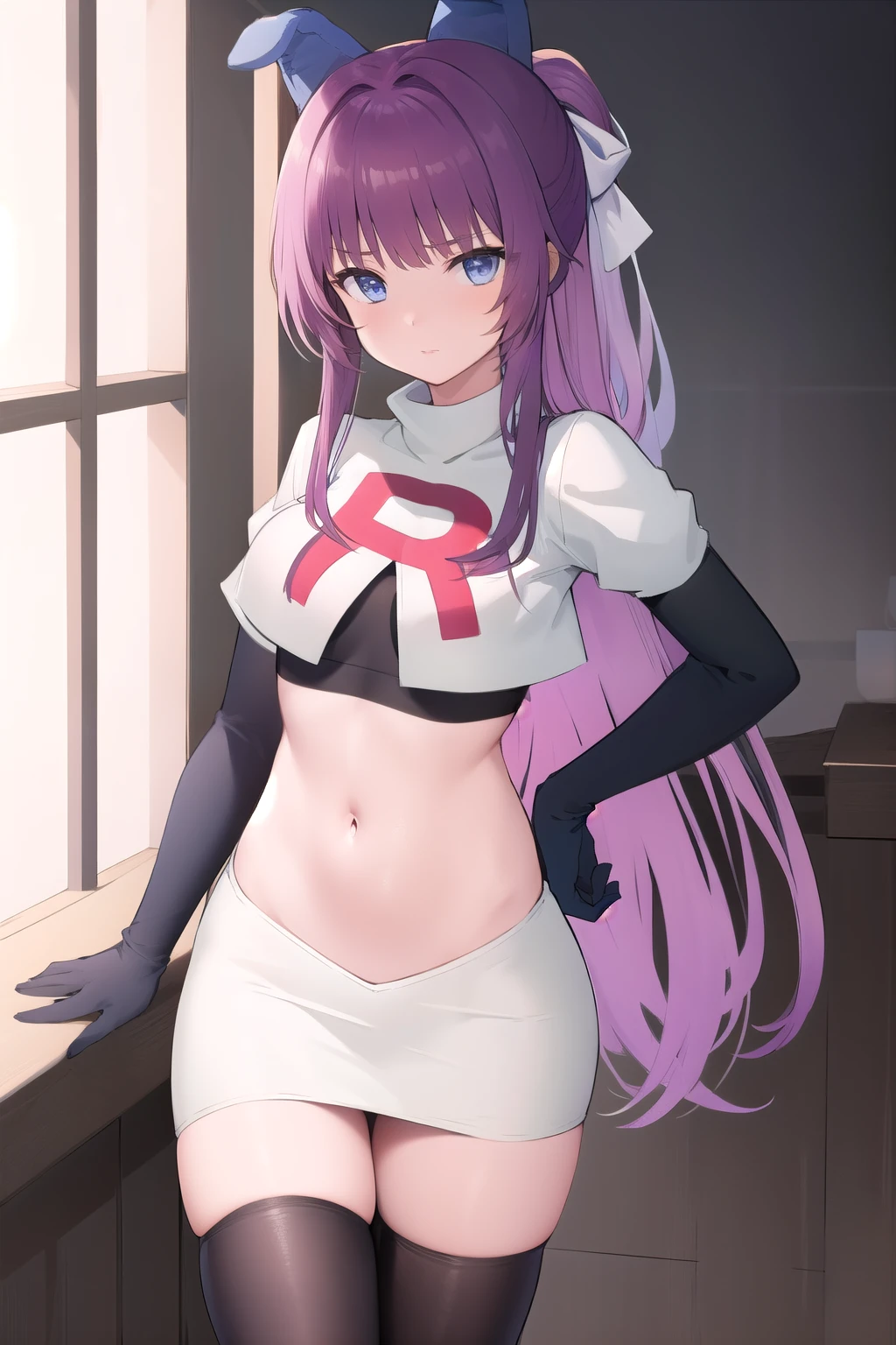 (masterpiece, best quality:1.2),illustration,8k,hd,1girl,solo,purple_hair,blue_eyes,very_long_hair,animal_ears,bangs,fake_animal_ears,ribbon,hair_ribbon,hair_ornament,ponytail,team rocket,team rocket uniform,white skirt,red letter R,crop top,black thigh-highs,black elbow gloves
