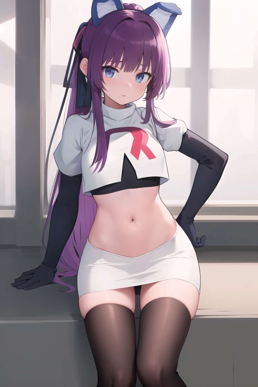 (masterpiece, best quality:1.2),illustration,8k,hd,1girl,solo,purple_hair,blue_eyes,very_long_hair,animal_ears,bangs,fake_animal_ears,ribbon,hair_ribbon,hair_ornament,ponytail,team rocket,team rocket uniform,white skirt,red letter R,crop top,black thigh-highs,black elbow gloves