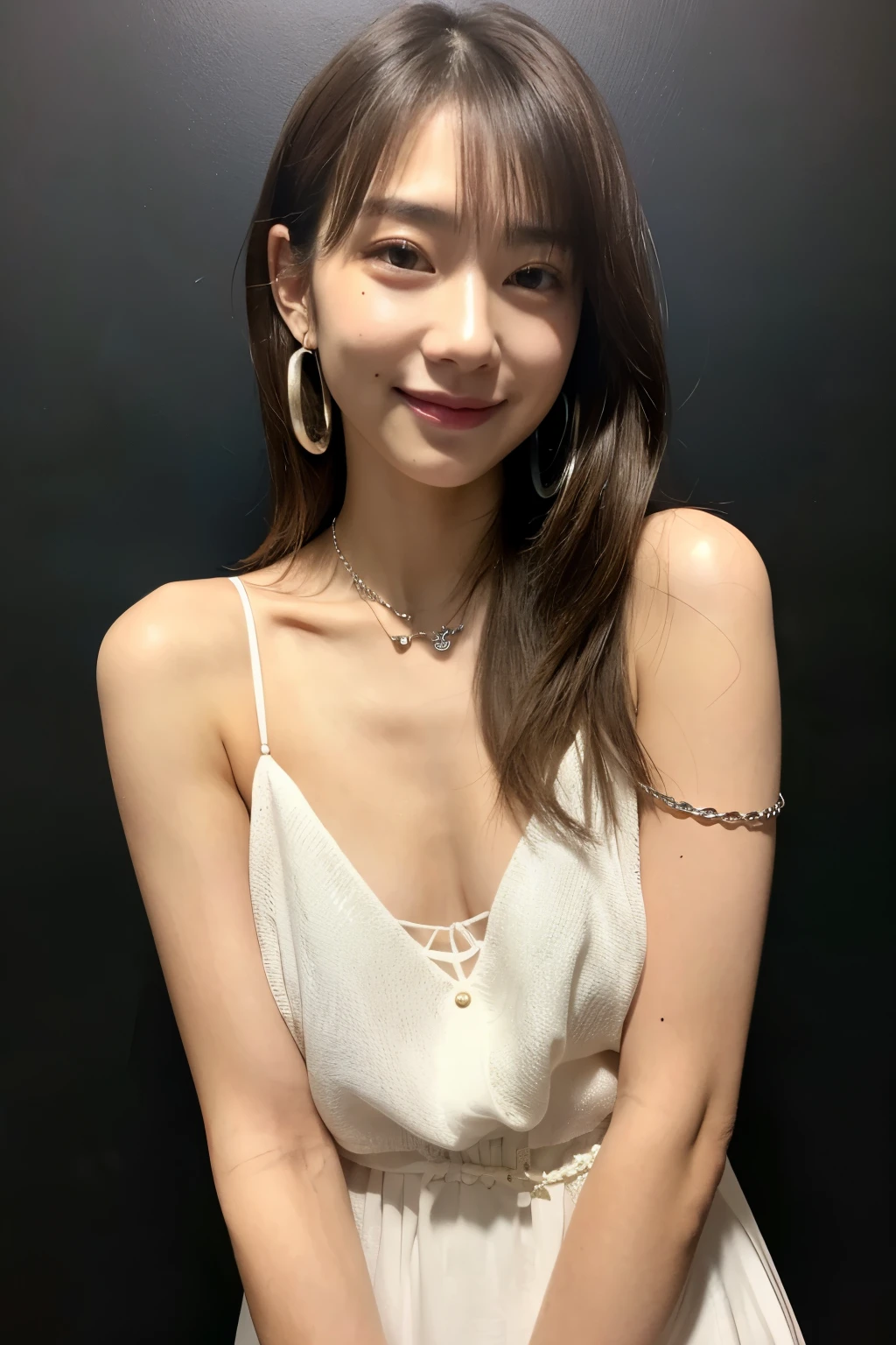 21-year-old Japan woman、realistic、high resolution、High resolution、realistic skin texture、Look at me and smile kindly、dark room、NSFW、model、necklace、bracelet、earrings、brown hair with highlights、beautiful face、model体型、whole body、standing position