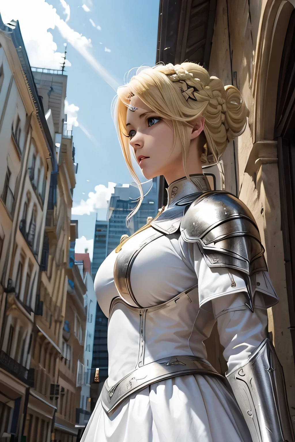 sword of light、white armor、beautiful female holy knight、(((blonde updo)))、((whole body))、(((photo taken from below)))、city