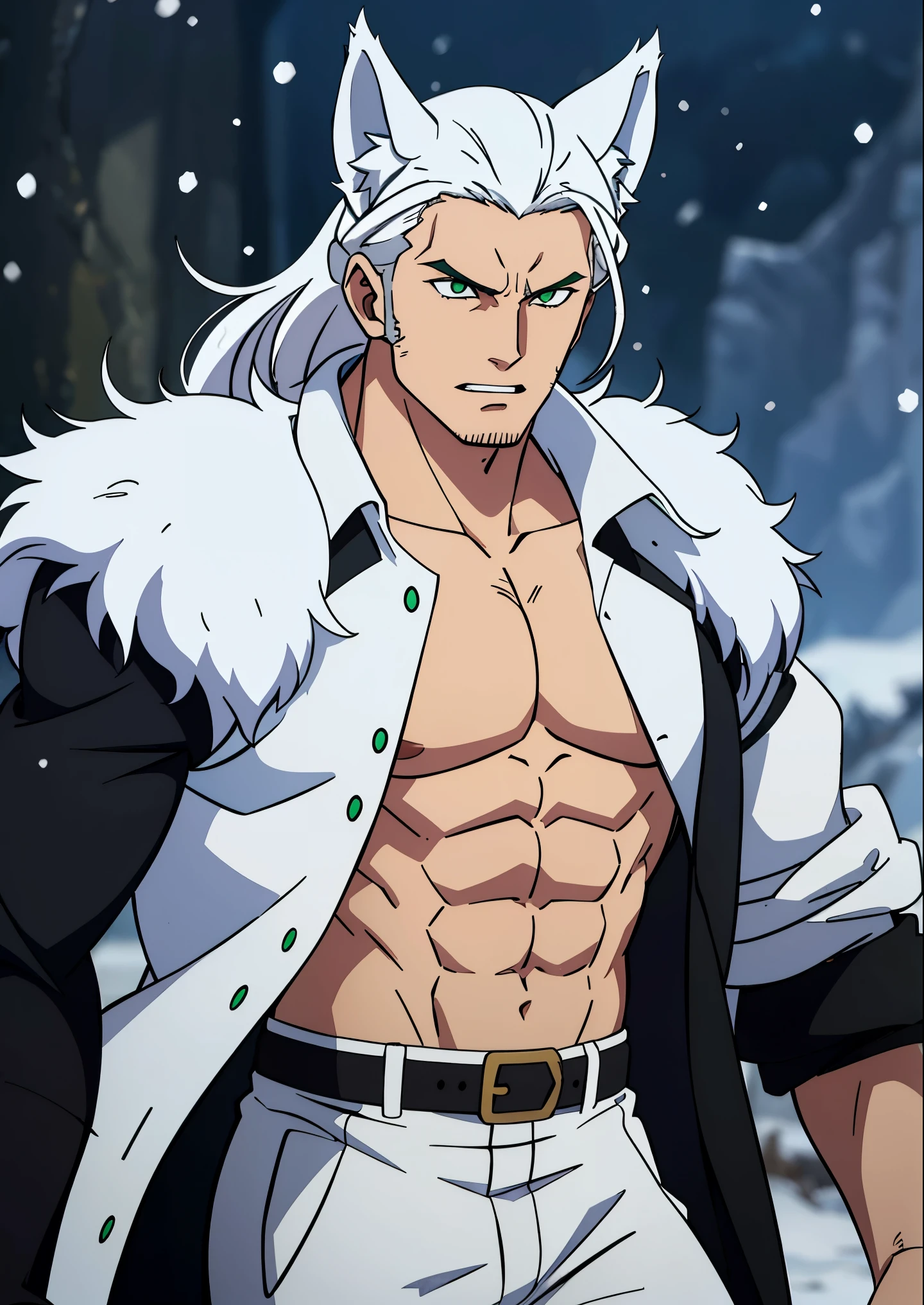 ((dynamic leadership style)), werewolves, wolf ears, white hair, long hair, muscular, wolf tail, green eyes, snow white skin, evil face, (perfect face), very strong chest and arms, (blurred background) wearing an unbuttoned jacket, showing off his abs and toned chest  