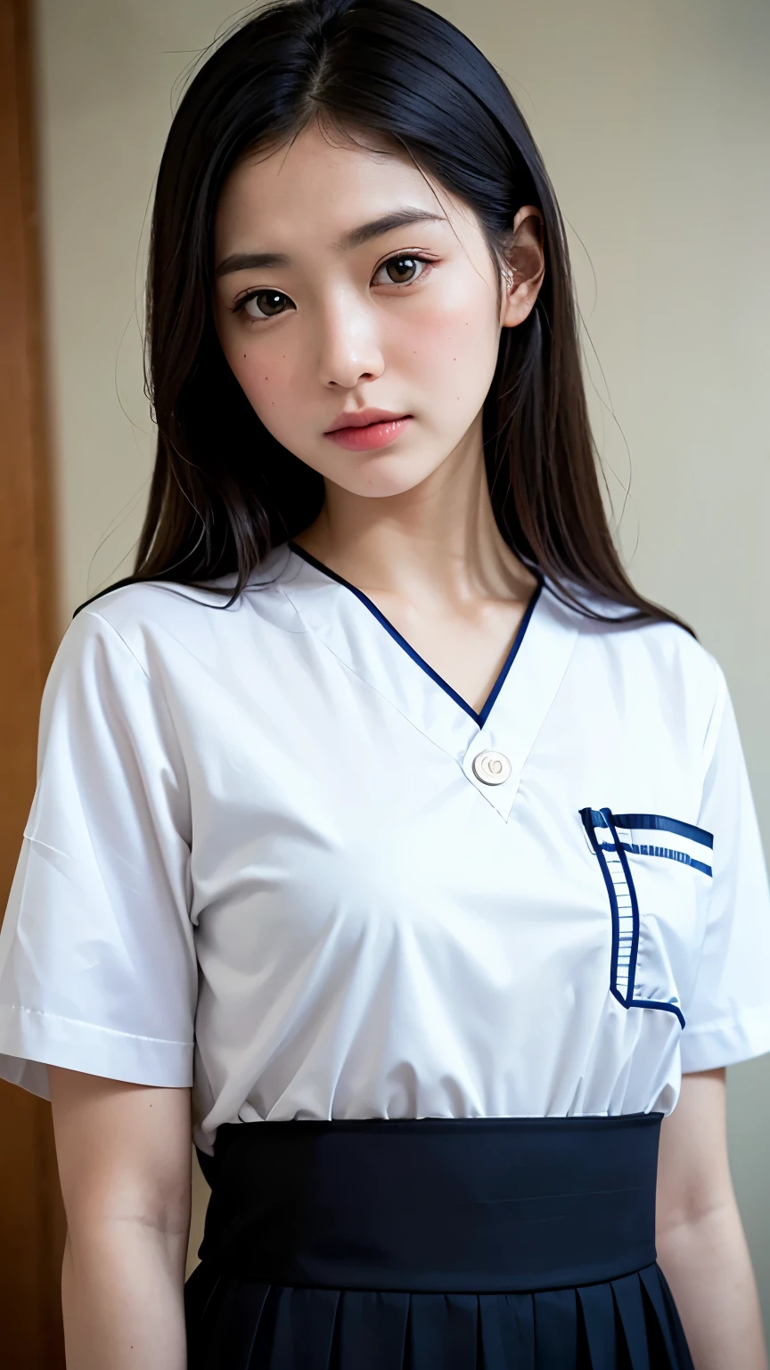(masterpiece:1.3)、Super detailed finish、(High resolution、8k:1.3)、(highest quality、Super realistic like a photo:1.5)、sharp focus, ultra high definition face、Face is in focus、Ultra high definition and beautiful eyes、Eyes are symmetrical:1.3、High-definition and beautiful skin、firm skin、Japanese girl, 18 years old、(nurse、nurse服をきています, white:1.4)、(nurse)、(whiteいnurseの制服を着ています、whiteい:1.4), whiteいnurseキャップ、Very cute、very cute、The photo shows from the chest up、natural make, glossy lips、Strange look, anxious look、blush:1.3, embarrassed:1.3、looking at viewer ,hair is tied at the back of the head