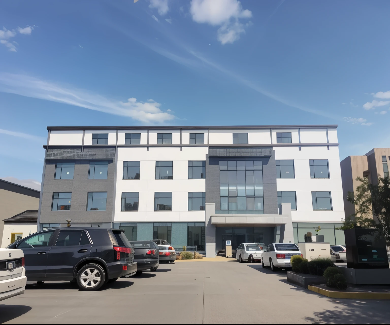 Car parked in front of building with sky background, office building, complete building, building orientation, office, High quality pictures, 2022 年广角exterior, exterior广角镜头, Introduction Factory Photos, Exterior, exterior, modern technology building, riverside, jinyiwei, full view, 1 3 3 4 building, architectural photography