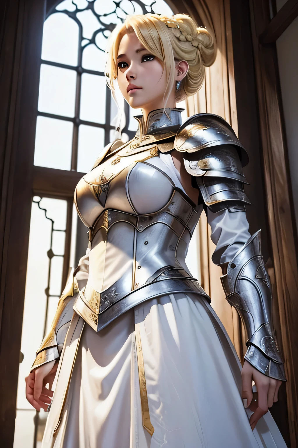 sword of light、white armor、beautiful female holy knight、(((blonde updo)))、((whole body))、(((photo taken from below)))、city