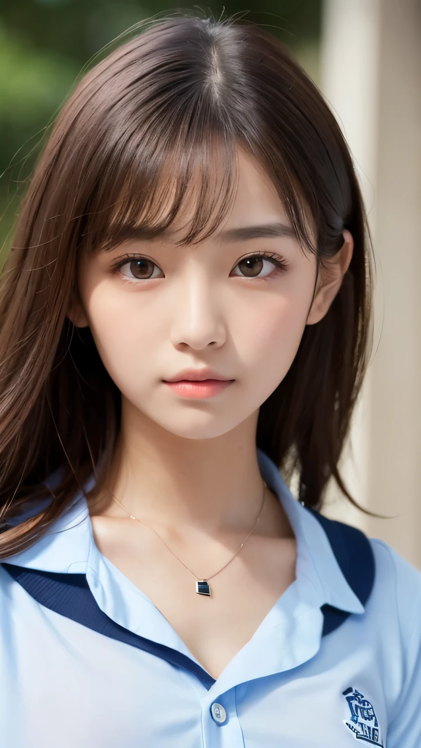(masterpiece:1.3)、Super detailed finish、(High resolution、8k:1.3)、(highest quality、Super realistic like a photo:1.5)、sharp focus, ultra high definition face、Face is in focus、Ultra high definition and beautiful eyes、Eyes are symmetrical:1.3、High-definition and beautiful skin、firm skin、close up on face、high school girl、17 years old、(high school uniform:1.3)、(My shirt is off and my shoulders are visible:1.1)、Very cute、very cute、natural make, glossy lips、I'm embarrassed by people staring at me、(Strange look), anxious look、blush:1.3, embarrassed:1.3、thin necklace、Staring at the camera:1.2