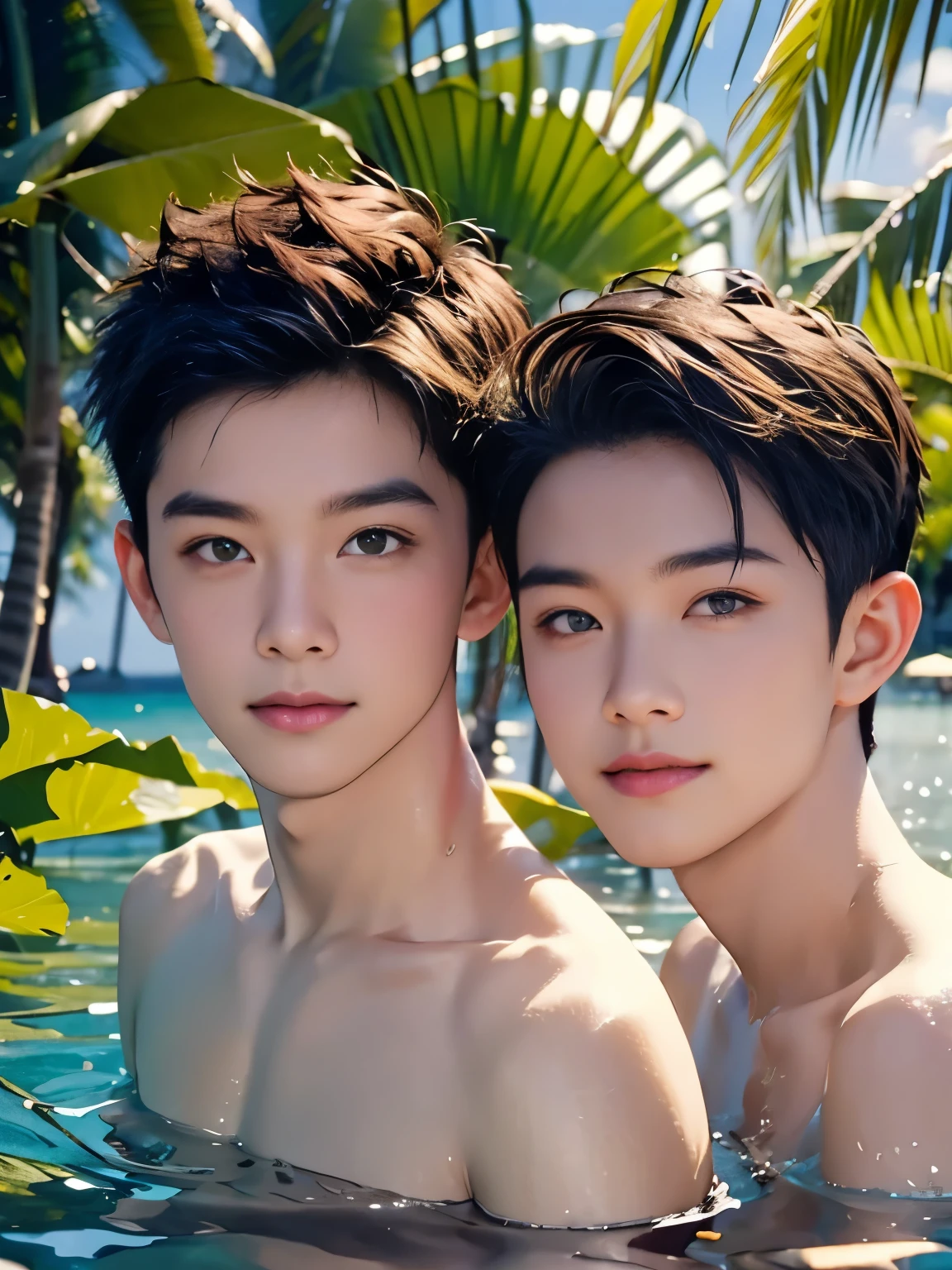 Highest quality portrait of two young guys on the beach knee-deep in water. Two young attractive boys swimming in the sea, completely naked with beautiful strings, beautiful green beach with palm trees and flowers, beautiful , smiling , Friends . Photo portrait of the highest quality !