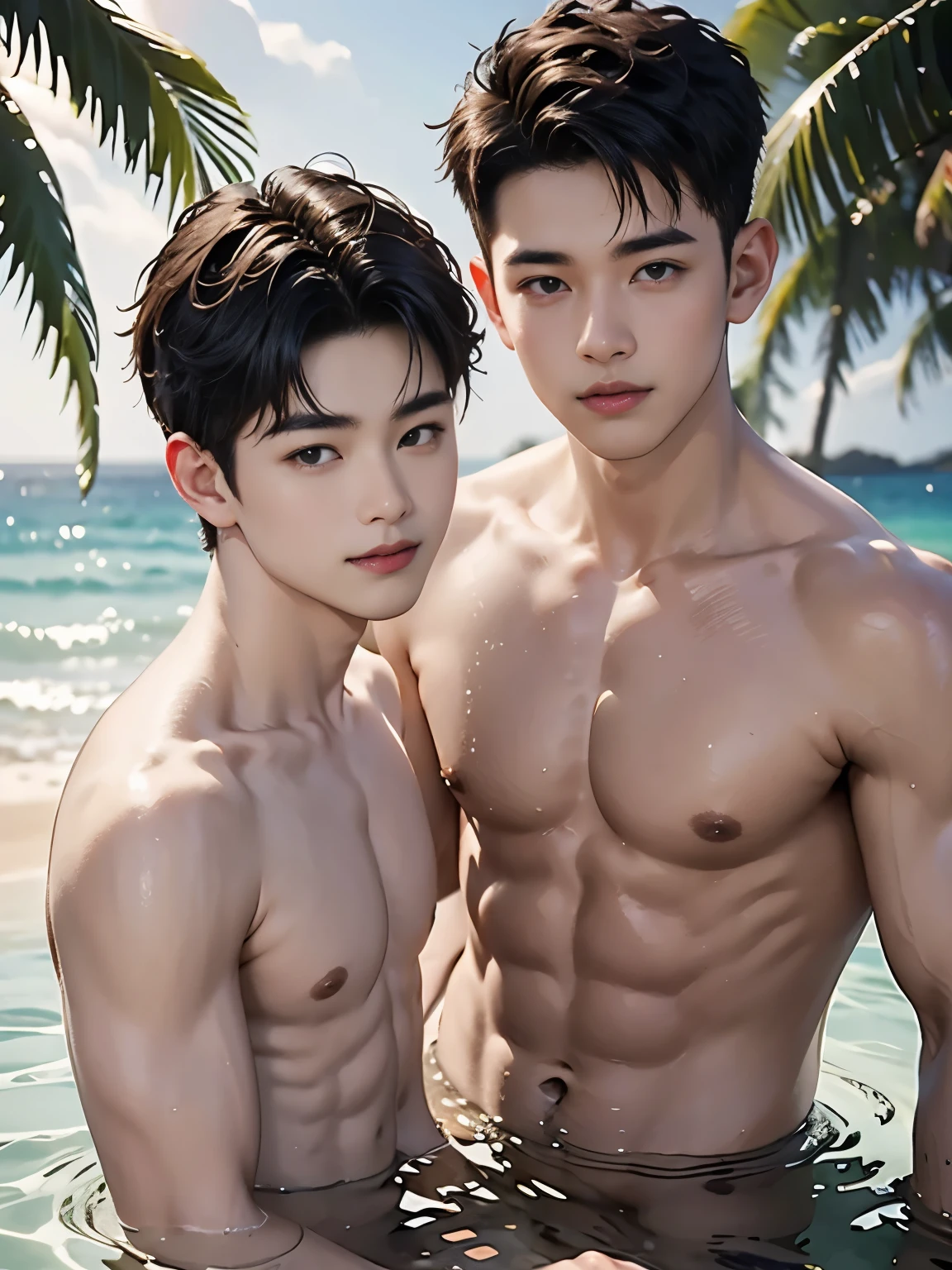 Highest quality portrait of two young guys on the beach knee-deep in water. Two young attractive boys swimming in the sea, completely naked with beautiful strings, beautiful green beach with palm trees and flowers, beautiful , smiling , Friends . Photo portrait of the highest quality !