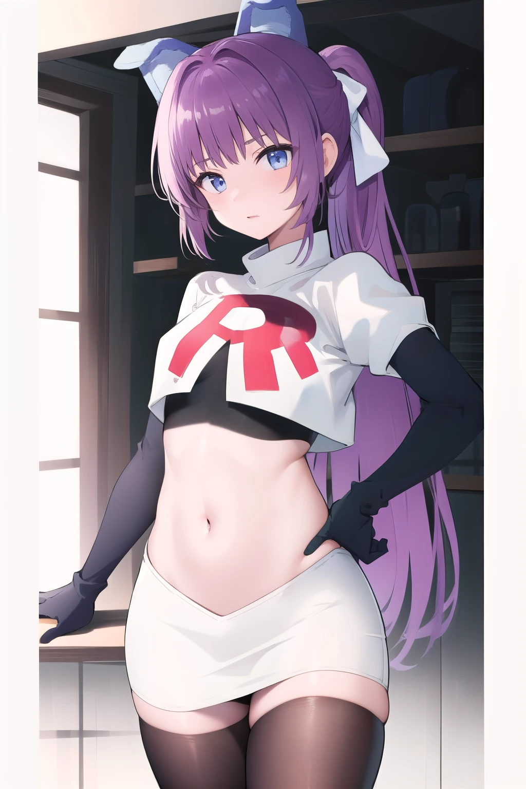 (masterpiece, best quality:1.2),illustration,8k,hd,1girl,solo,purple_hair,blue_eyes,very_long_hair,animal_ears,bangs,fake_animal_ears,ribbon,hair_ribbon,hair_ornament,ponytail,team rocket,team rocket uniform,white skirt,red letter R,crop top,black thigh-highs,black elbow gloves