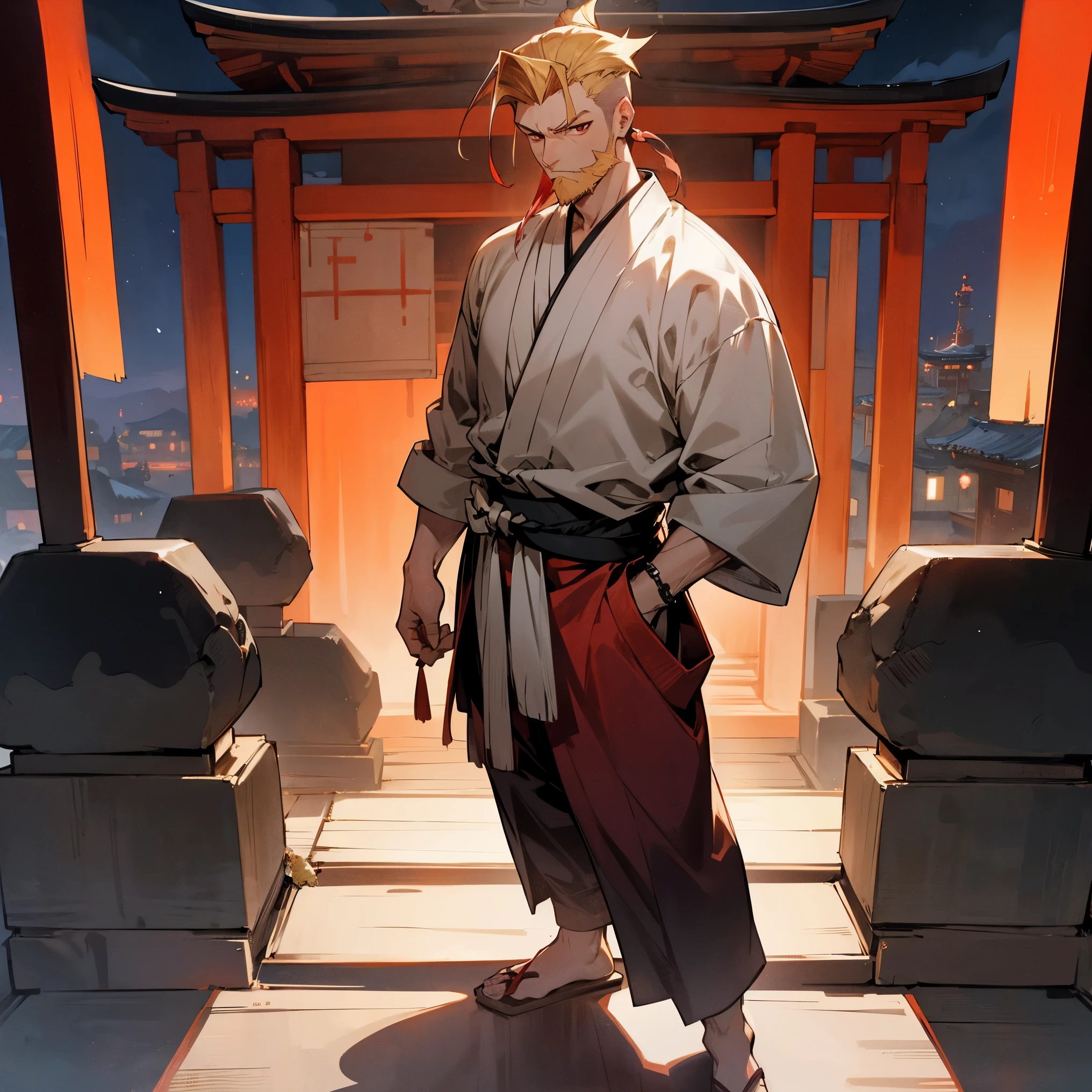 1male, adult, beard, finely detailed red silver eyes, slick back hair, undercut, blonde ombré hair color, loose haori, loose baggy pants, standing with arms folded, standing in shrine, night, village, muscular, serious, confident