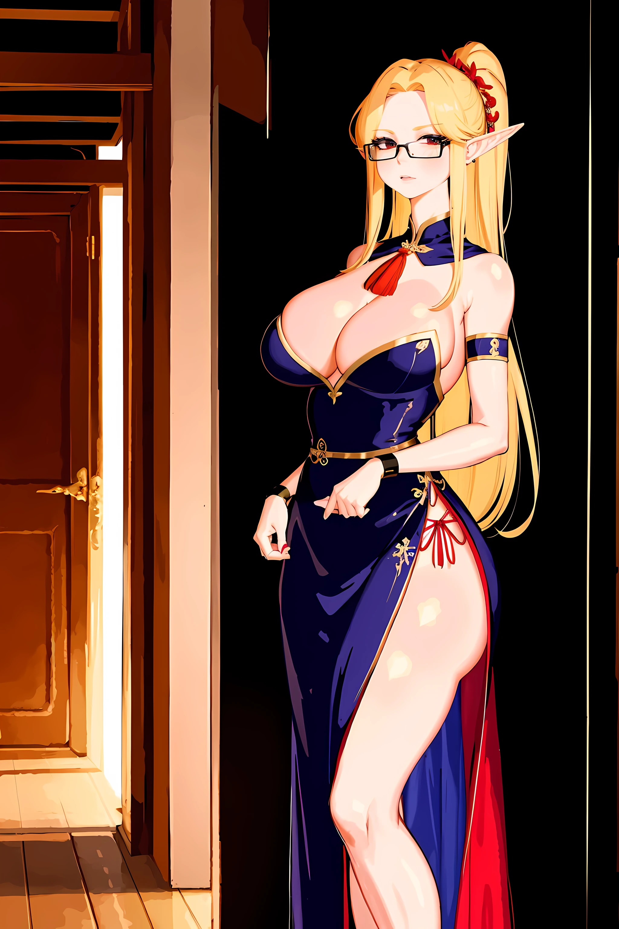 Elf woman, Glasses,lace, colourful long skirt, long skirt, waist pouch, harness, Elf, Japanese animation, game character, middle Ages,(best quality,4k,8k,high resolution,masterpiece:1.2), Super detailed, actual, china hanfu, Chinese architect background, red scarf, hair accessories, necklace, jewelry, pretty face, detailed body, todorov effect, dark studio, edge lighting, two-tone lighting, (High detail skin:1.2), 8K Ultra HD, DSLR camera, soft light, high quality, Volumetric lighting, confess, photo, high resolution, 4k, 8k, Bokeh, Girl in red,Very sexy milf,huge ass
