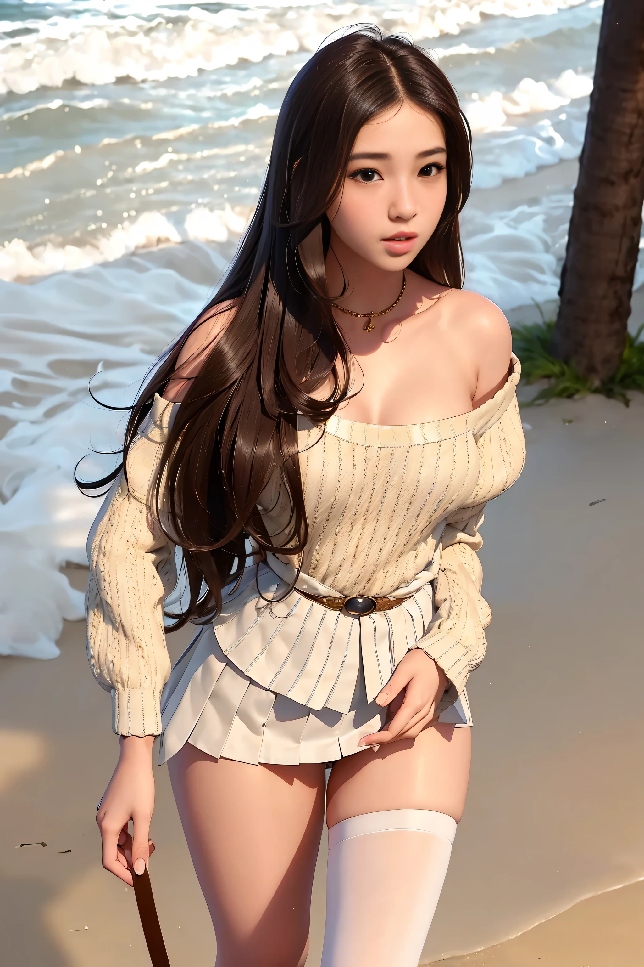 masterpiece, best quality, realistic, ultra-detailed, detailed,1 girl,(asian,idol,solo,collar,thin waist, small size breases,long hair, brown hair, beautiful thighs)(kimono, pleated skirt, V-shaped off shoulder sweater, Outerwear, Stocking,Shirt.) at the beach club,(PureErosFace_V1:0.7)