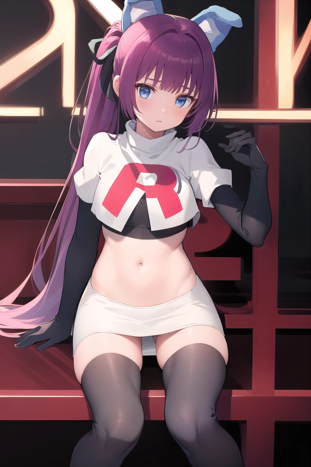 (masterpiece, best quality:1.2),illustration,8k,hd,1girl,solo,purple_hair,blue_eyes,very_long_hair,animal_ears,bangs,fake_animal_ears,ribbon,hair_ribbon,hair_ornament,ponytail,team rocket,team rocket uniform,white skirt,red letter R,crop top,black thigh-highs,black elbow gloves