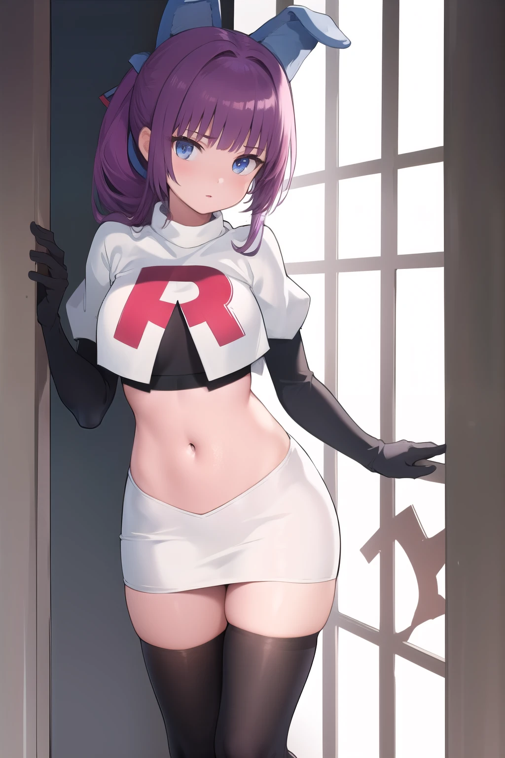 (masterpiece, best quality:1.2),illustration,8k,hd,1girl,solo,purple_hair,blue_eyes,very_long_hair,animal_ears,bangs,fake_animal_ears,ribbon,hair_ribbon,hair_ornament,ponytail,team rocket,team rocket uniform,white skirt,red letter R,crop top,black thigh-highs,black elbow gloves