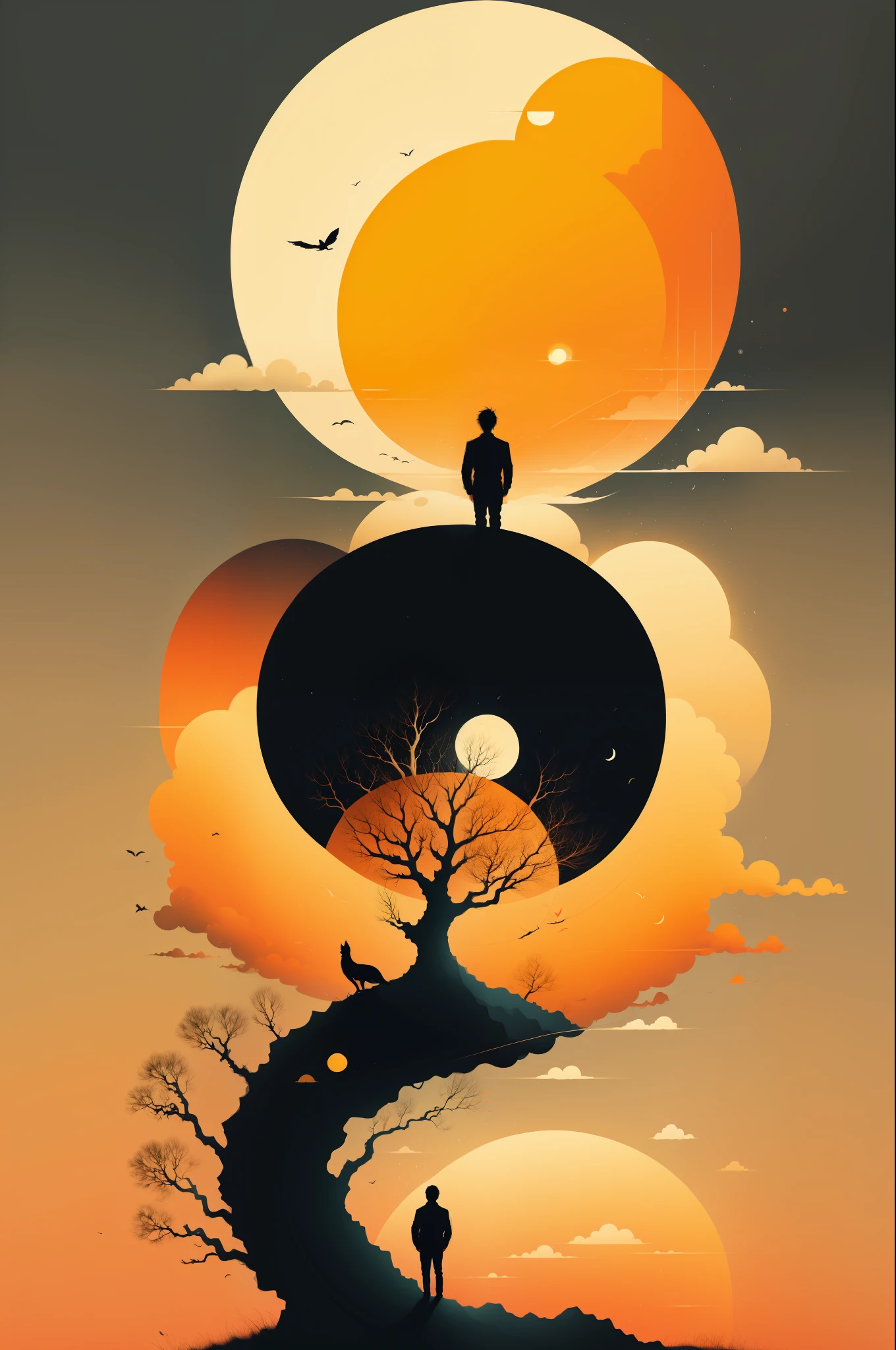 ch,silhouette,tree,solo,moon,orange theme,outdoors,sun,orange background,orange sky,scenery,standing,1boy,1other,bare tree,