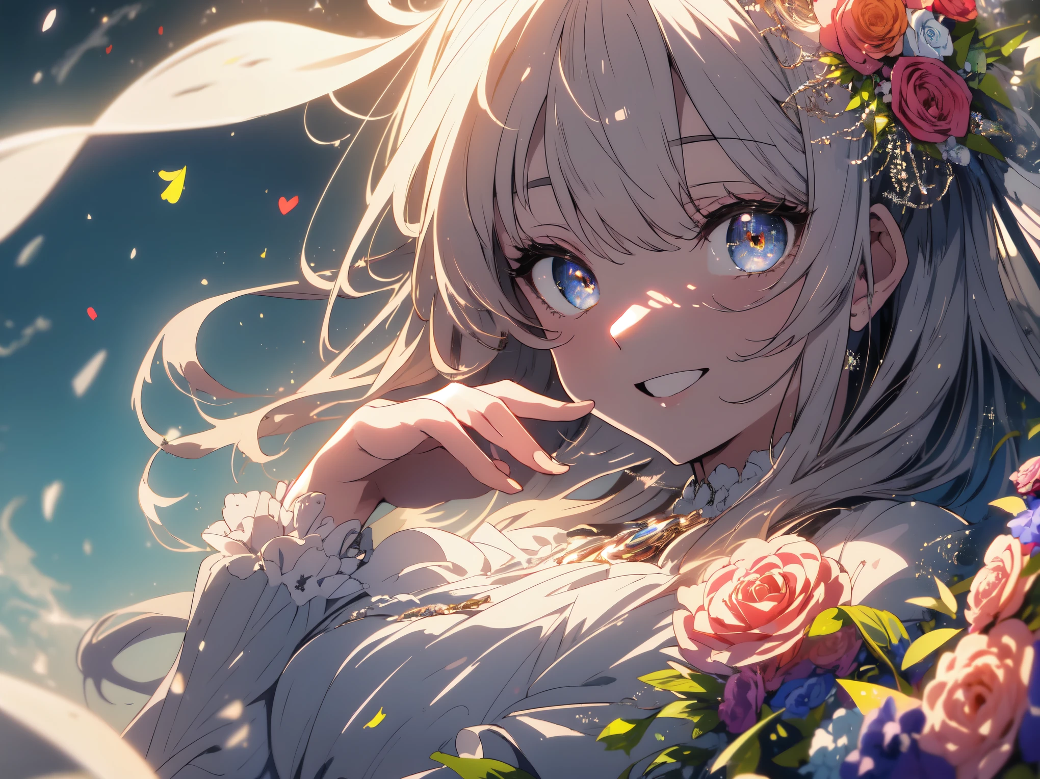 ((masterpiece)), ((highest quality)), ((High resolution)), ((very detailed、 8k wallpaper)), girl、(Shining eyes)、 dress、best smile、make a heart with both hands、bouquet、beautiful anime
