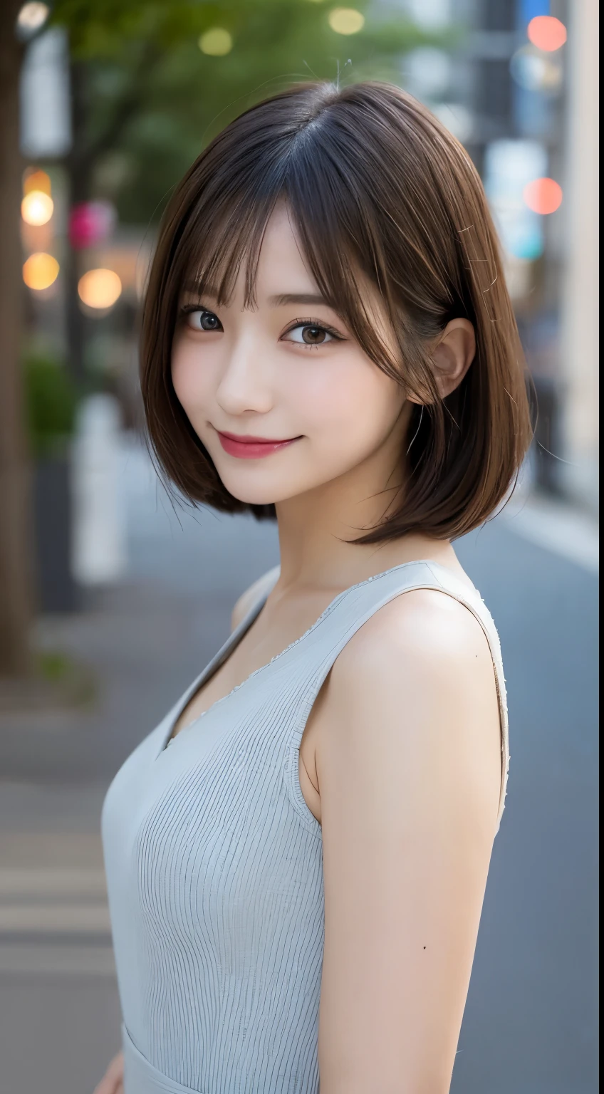 table top, highest quality, figure, super detailed, finely, High resolution, 8k wallpaper, 完璧なダイナミックな構figure, detailed and beautiful eyes, dress,medium hair, middle of chest, natural color lip, random sexy poses,smile,Aoyama Street Walk、20 year old girl short hair profile