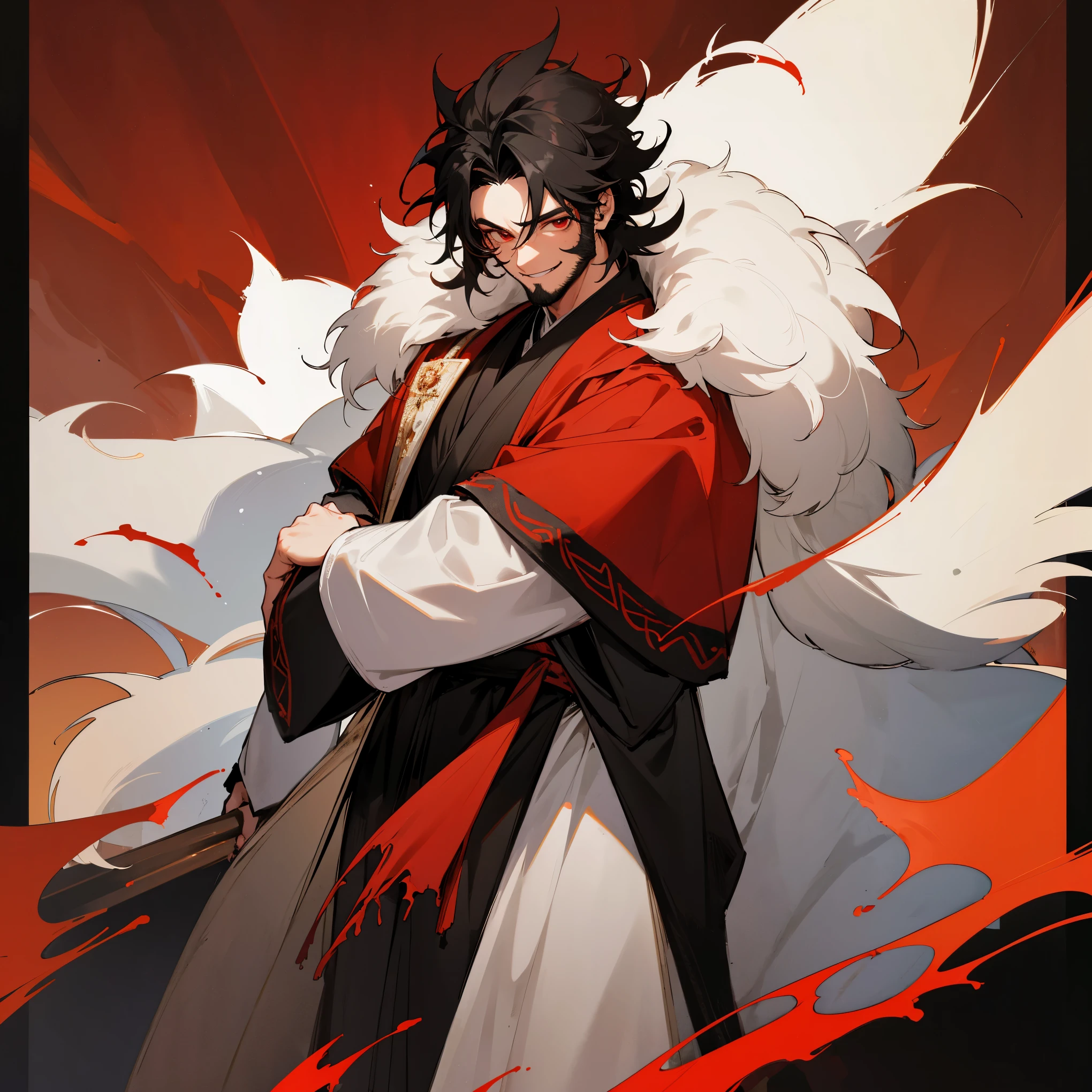 1male , Multicolored hair , Red and Black Hair , Black Robes , White Fur Trim Overcoat, Red Eyes , Tavern Background , Standing in Medieval Bar , Facing Viewer , Confident Smile , Adult Male , Messy Hair , Muscular , Facial Hair Stubble