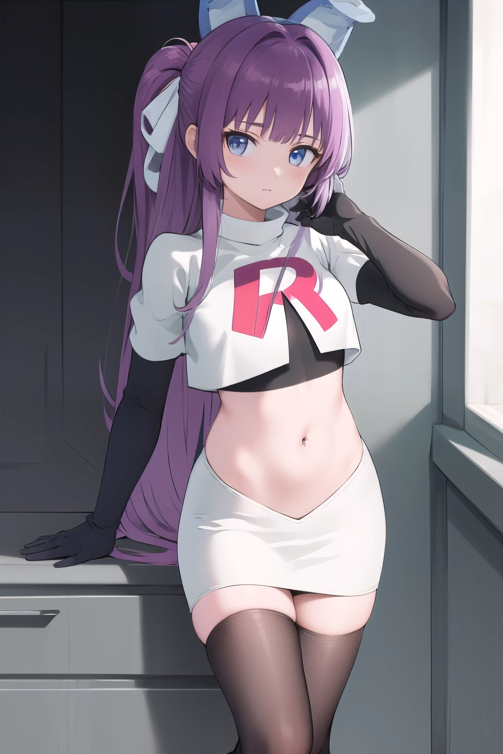 (masterpiece, best quality:1.2),illustration,8k,hd,1girl,solo,purple_hair,blue_eyes,very_long_hair,animal_ears,bangs,fake_animal_ears,ribbon,hair_ribbon,hair_ornament,ponytail,team rocket,team rocket uniform,white skirt,red letter R,crop top,black thigh-highs,black elbow gloves