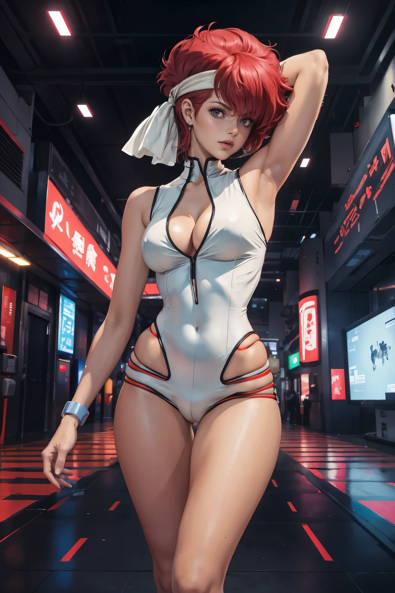 Very skinny Kei from The Dirty Pair, emaciated, wearing a tight white outfit, skinny frame, skinny legs, medium breast, red hair beauty, cyberpunk city background, holding retro space-gun, green headband, slim waist, very slim thighs, very skinny thighs, very thin thighs, slender thighs, lanky, thigh gap, thigh gap,