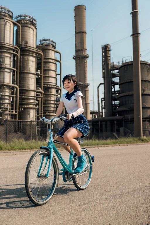 A girl riding a bicycle, at an abandoned petrochemical Structure in a futuristic city, basketball uniform, short shorts,