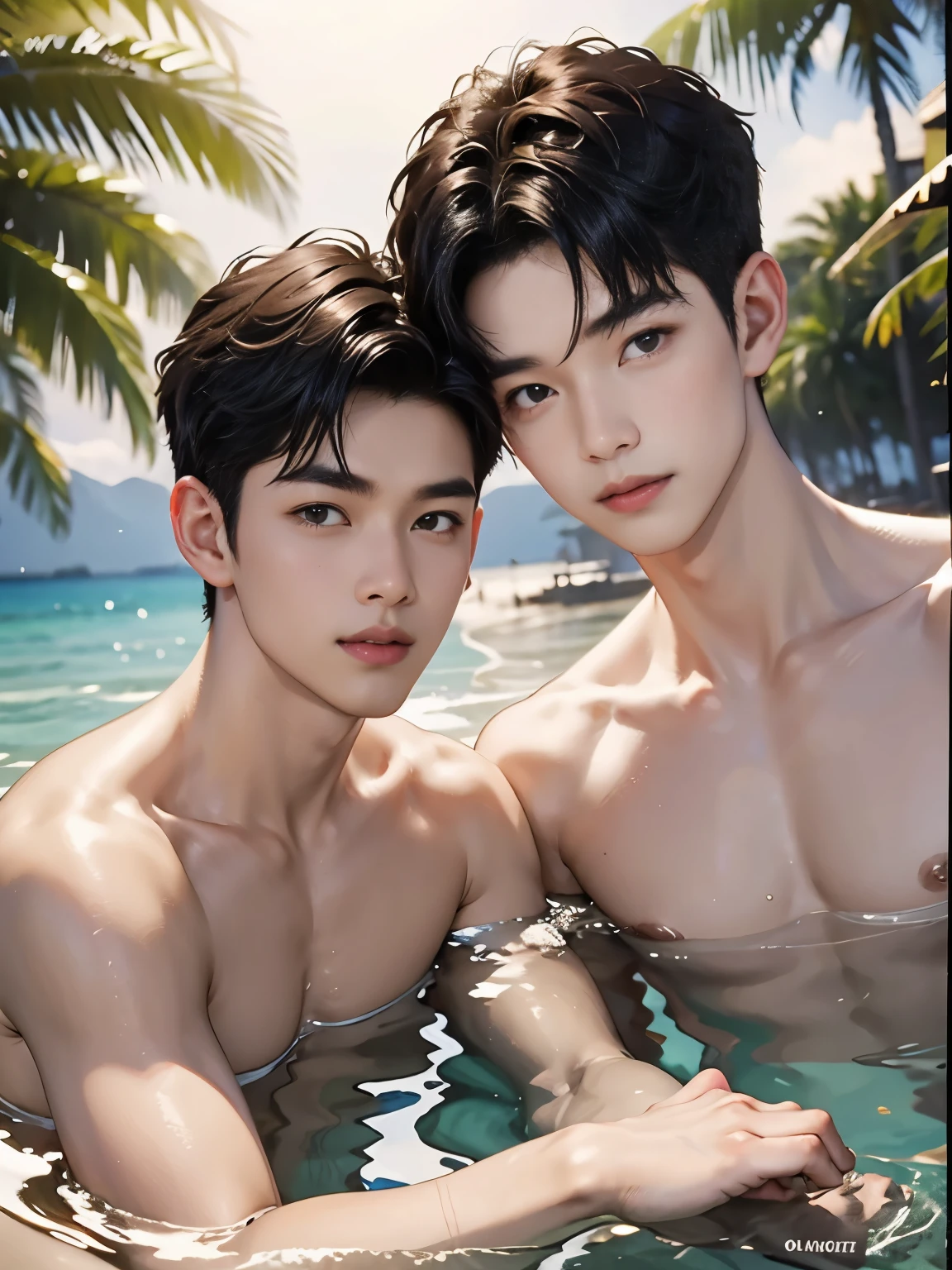 Highest quality portrait of two young guys on the beach knee-deep in water. Two young attractive boys swimming in the sea, completely naked with beautiful strings, beautiful green beach with palm trees and flowers, beautiful , smiling , Friends . Photo portrait of the highest quality !