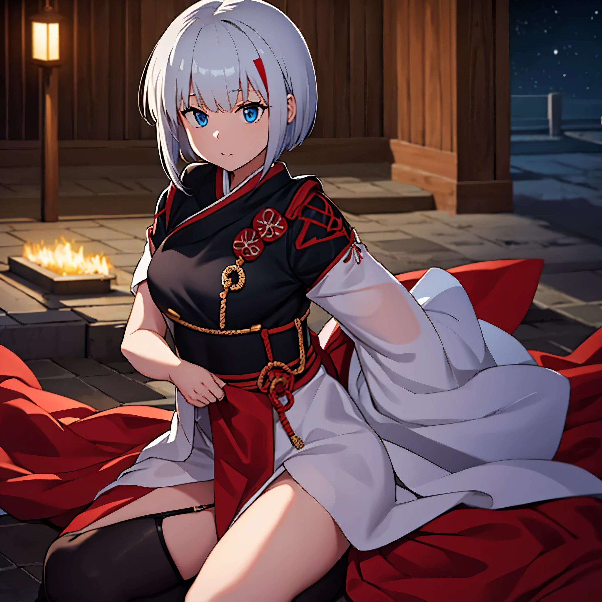 A girl wearing heavy samurai armor outside a dojo, short silver hair, a red fringe, blue eyes.
