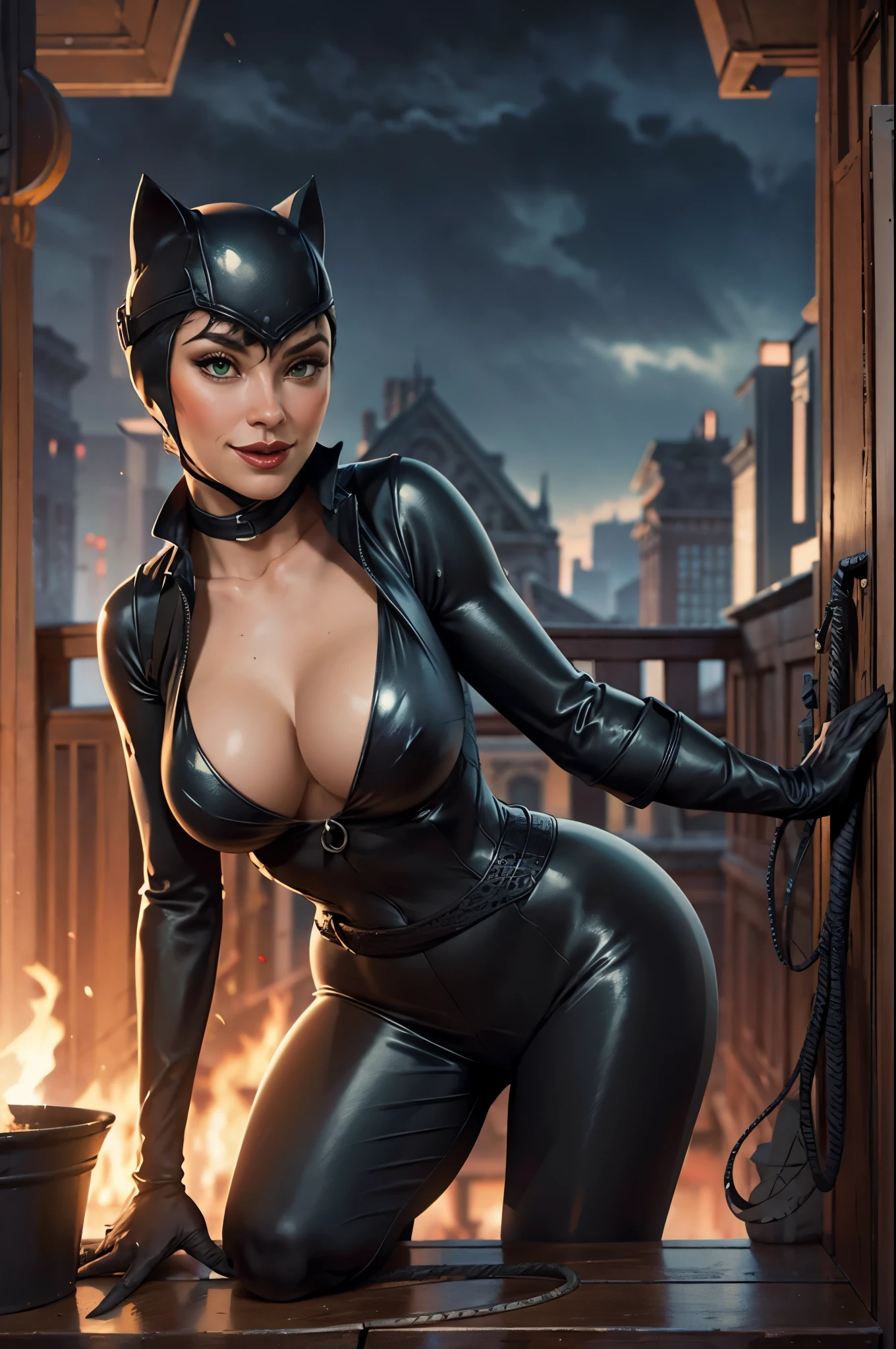 A captivating Catwoman figure, boasting generous assets, holding a whip. The velvety fabric of her iconic suit clings to her curvaceous figure, revealing the allure of her ample cleavage. Her seductive green eyes shine in the dimly lit street, a mischievous smile playing at the corner of her mouth. Its agile form exudes an air of mystery and temptation, drawing the viewer into the depths of the night. The intricate texture details of the costume and the shiny finish of his feline ears add to the masterpiece of this work of art. The scene is a stunning mix of realism and fantasy.