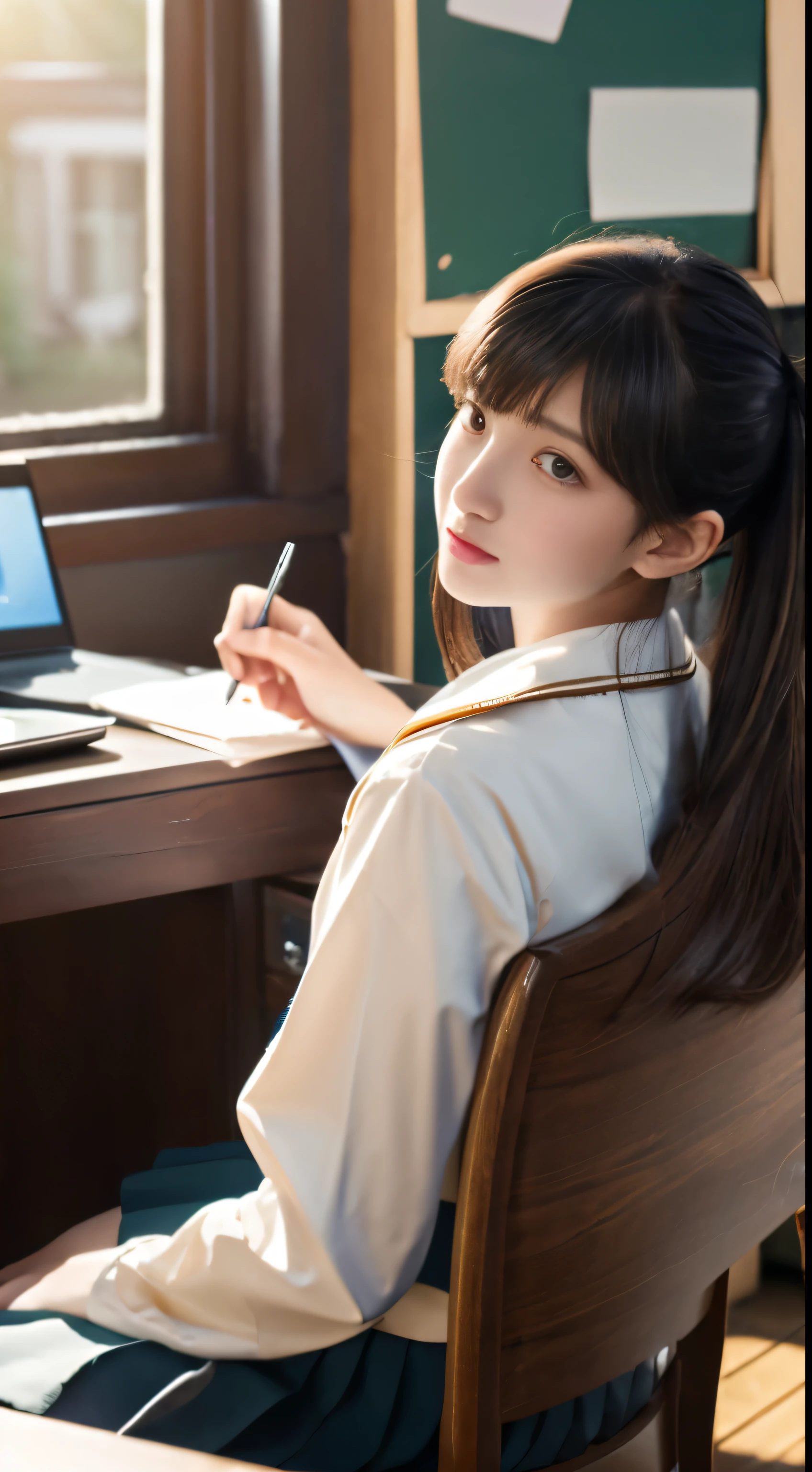(masterpiece、Super Definition CG Unity 8k wallpaper、highest quality、very detailed)、 Outside trees々A school classroom with soft sunlight shining through、 Twintails and ahoge(D cup)beautiful blonde high school girl sitting nervously on a chair、I'm holding my smartphone in my hand。 Beside it、A thin, flat black-haired high school girl sits at a desk、Having a deep conversation with a blonde girl。 (masterpiece、Ultra High Definition CG Unity 8k Wallpapers、Phenomenal quality、exquisite details)、