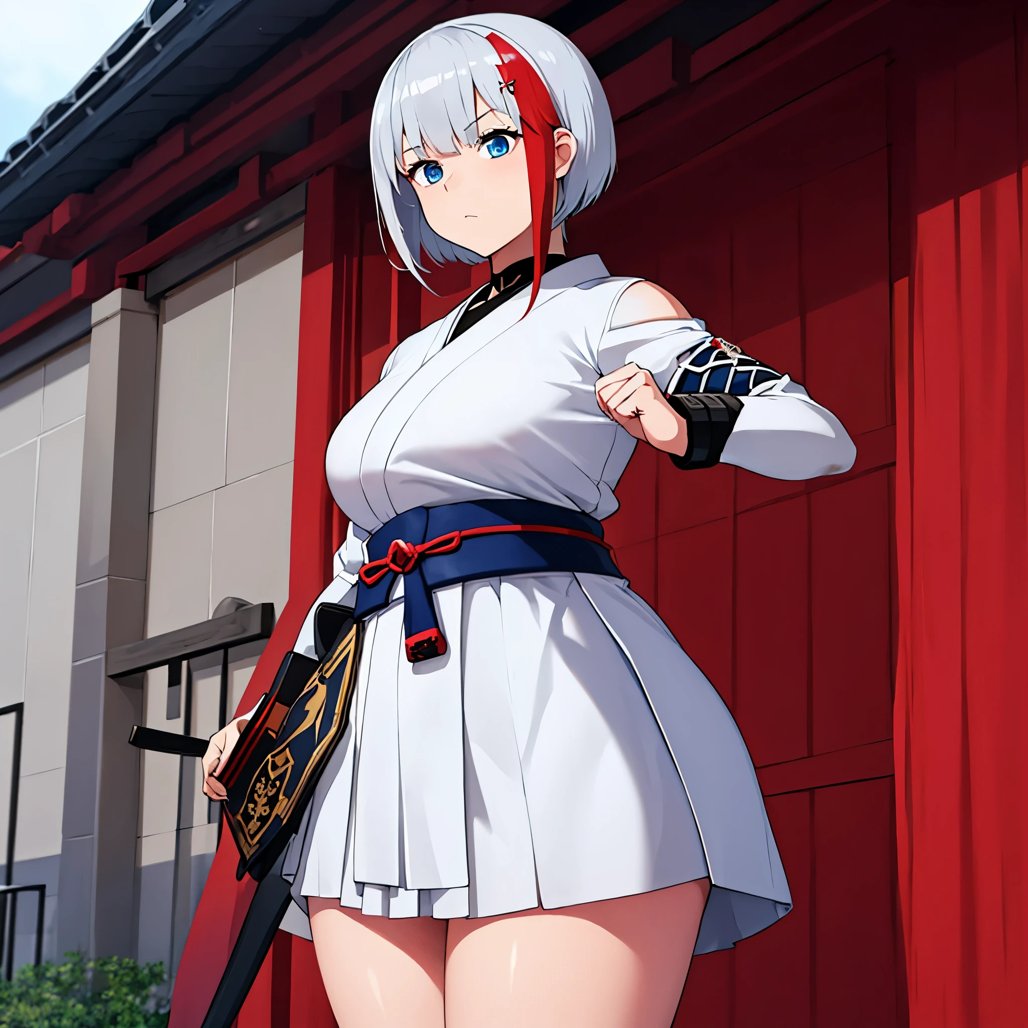 A girl wearing heavy samurai armor outside a dojo, short silver hair, a red fringe, blue eyes.
