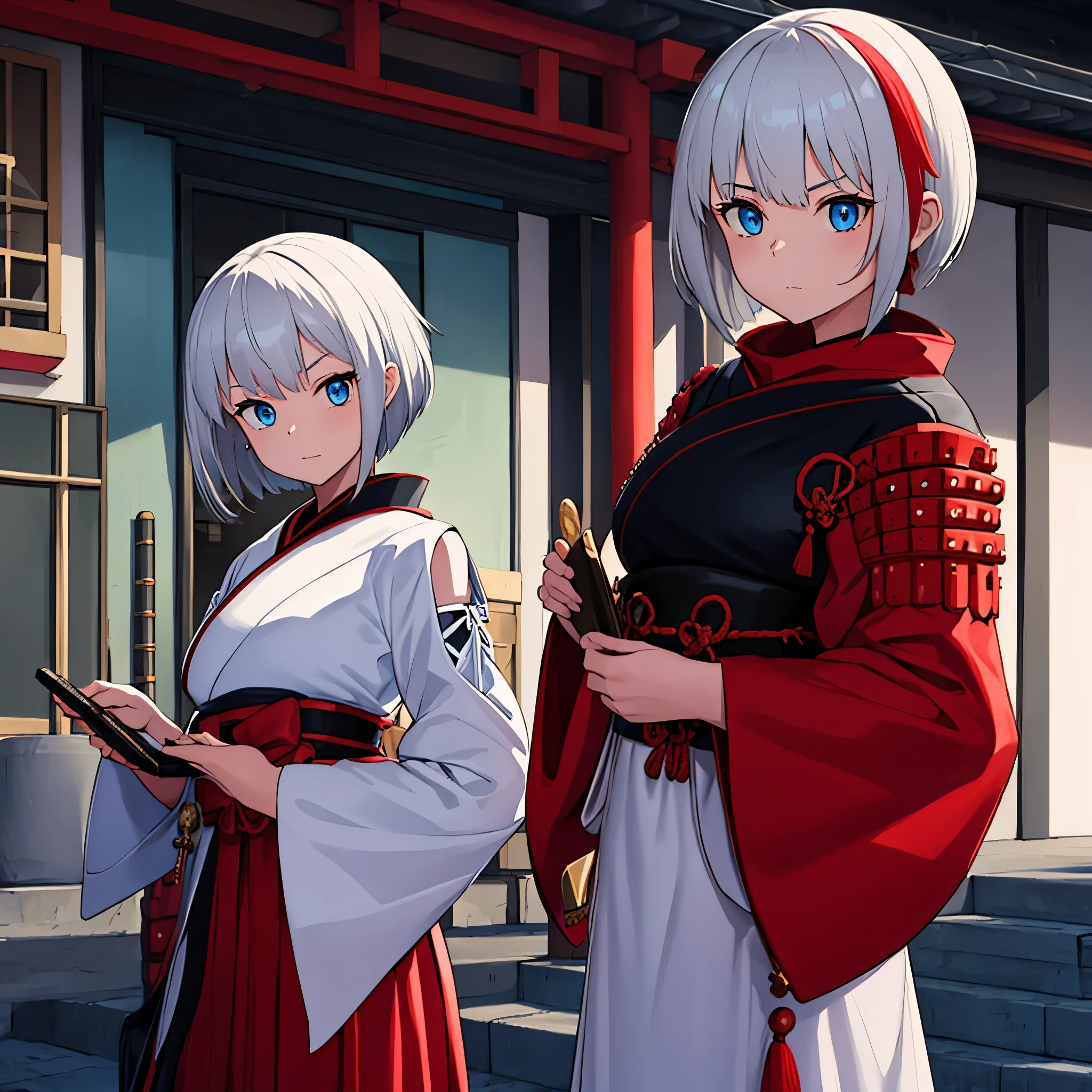 A girl wearing heavy samurai armor outside a dojo, short silver hair, a red fringe, blue eyes.
